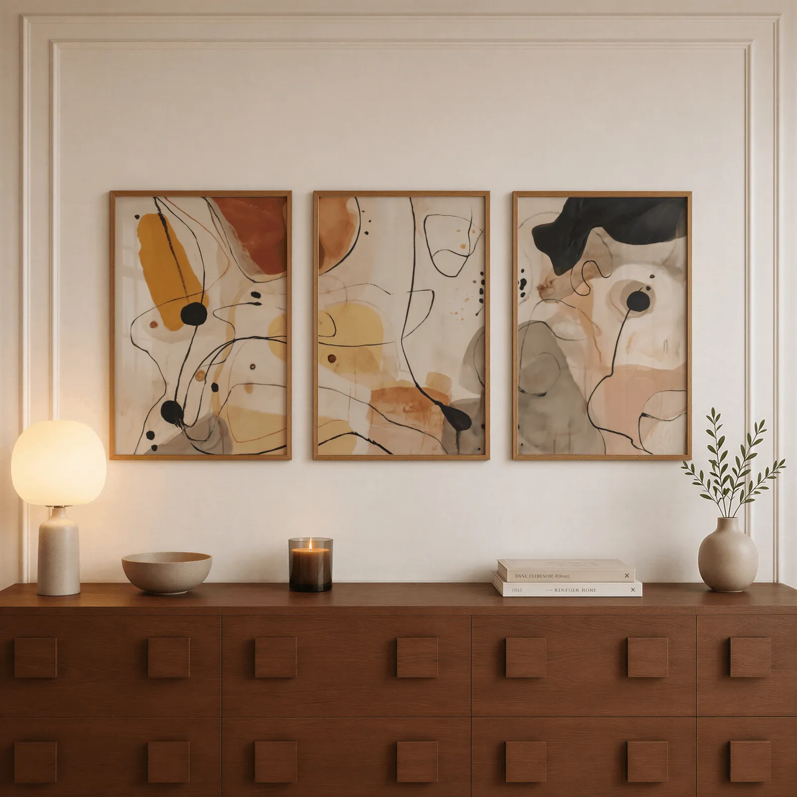 terracotta abstract line art set of three, above a walnut sideboard with a lit candle and glowing lamp
