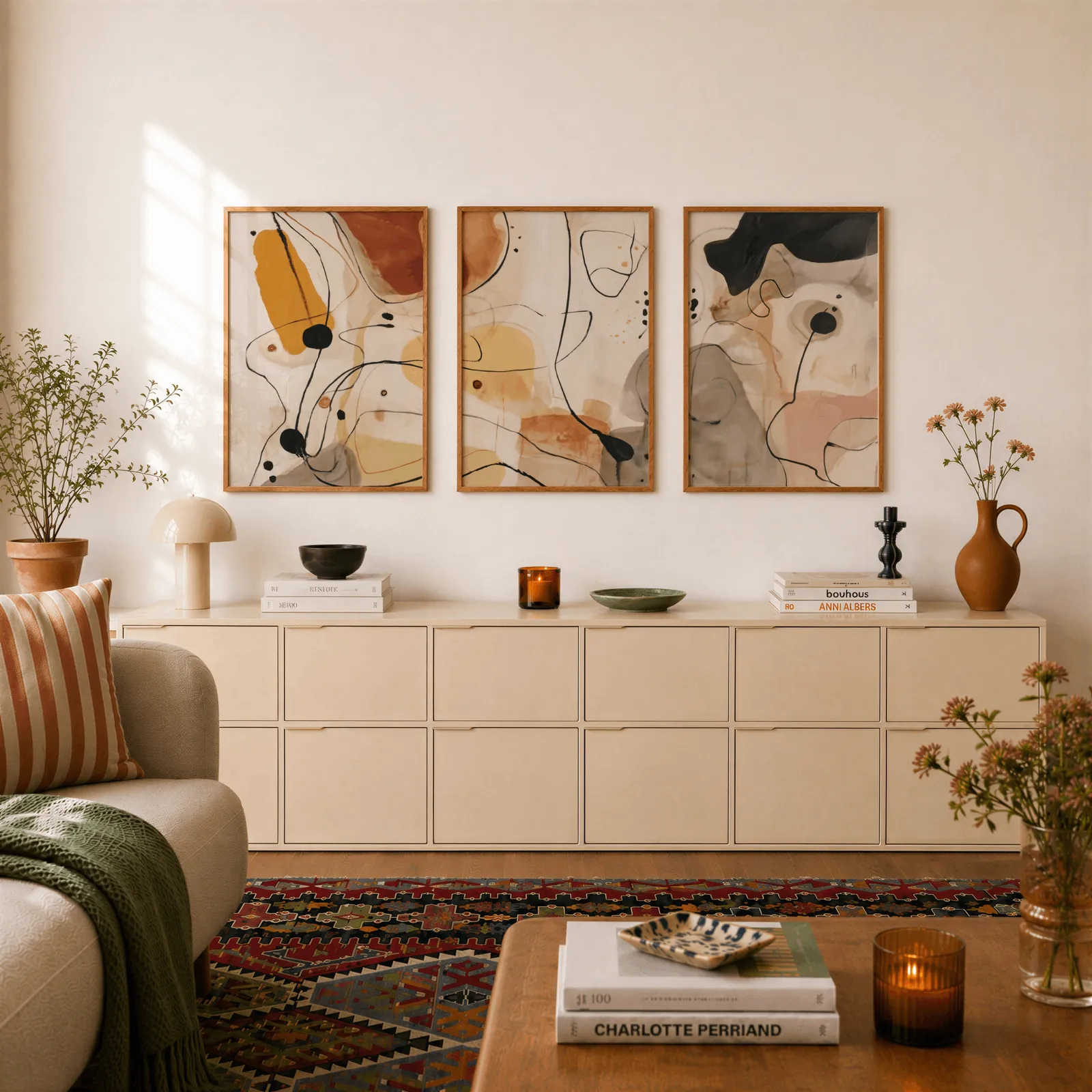 terracotta abstract line art set of three, above a long cream sideboard topped with books and a terracotta jug