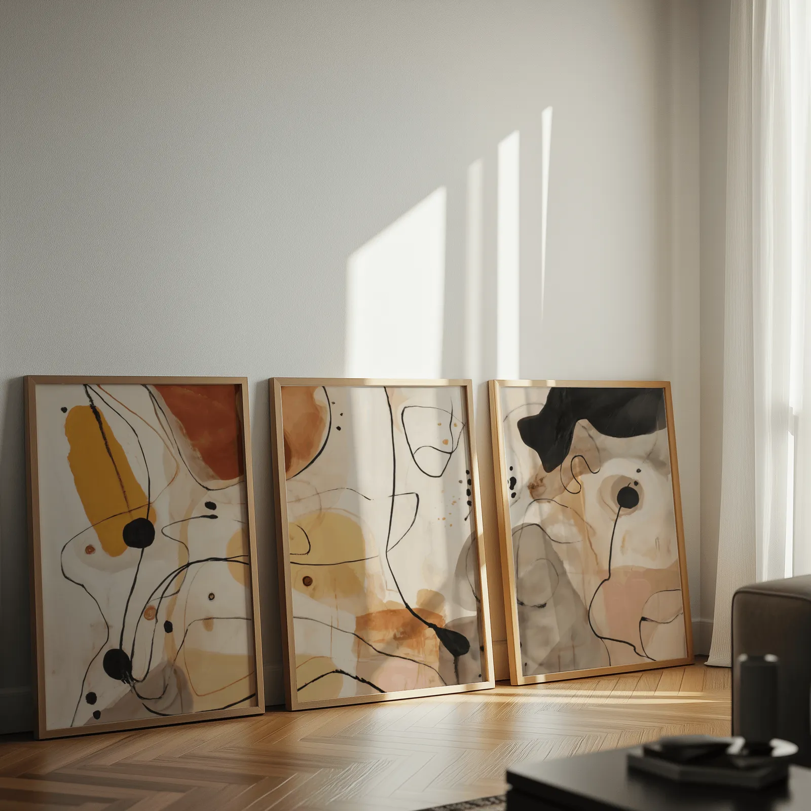 terracotta abstract line art set of three, leaning against a sunlit wall on herringbone flooring
