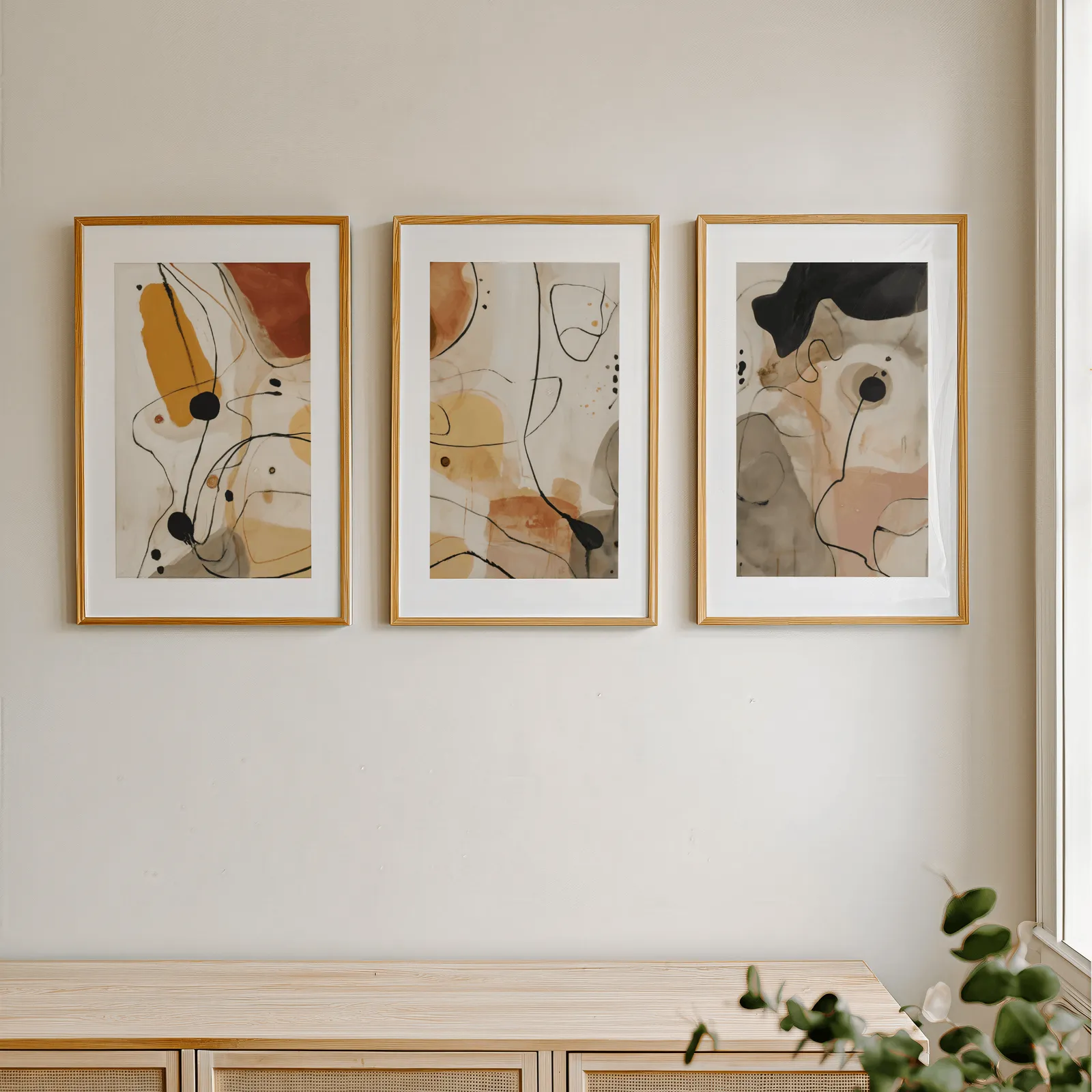 terracotta abstract line art set of three, in a row above a light wooden sideboard near a window