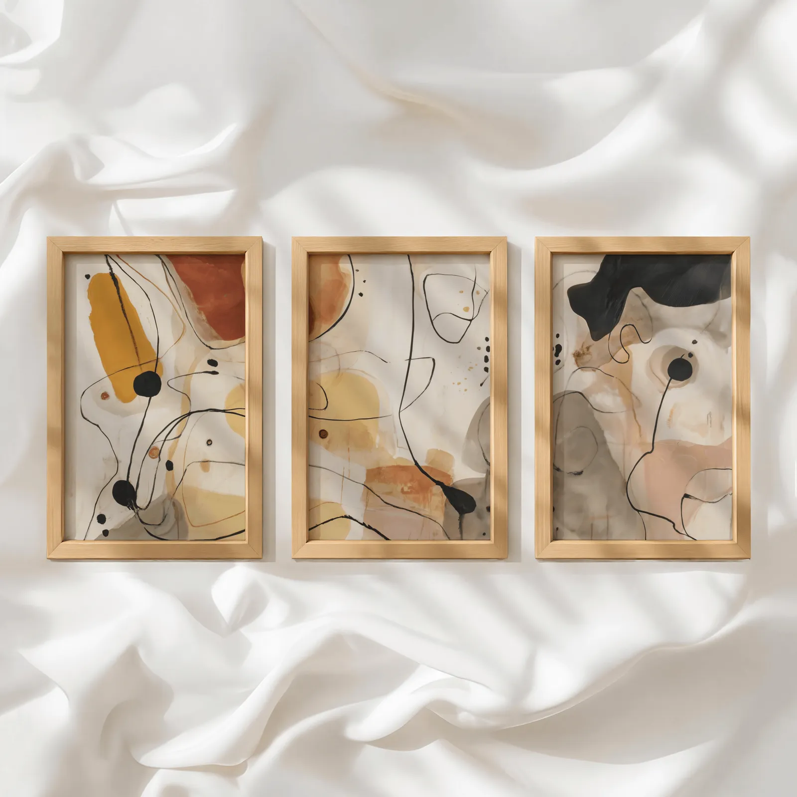terracotta abstract line art set of three, in a row atop rumpled white silky fabric