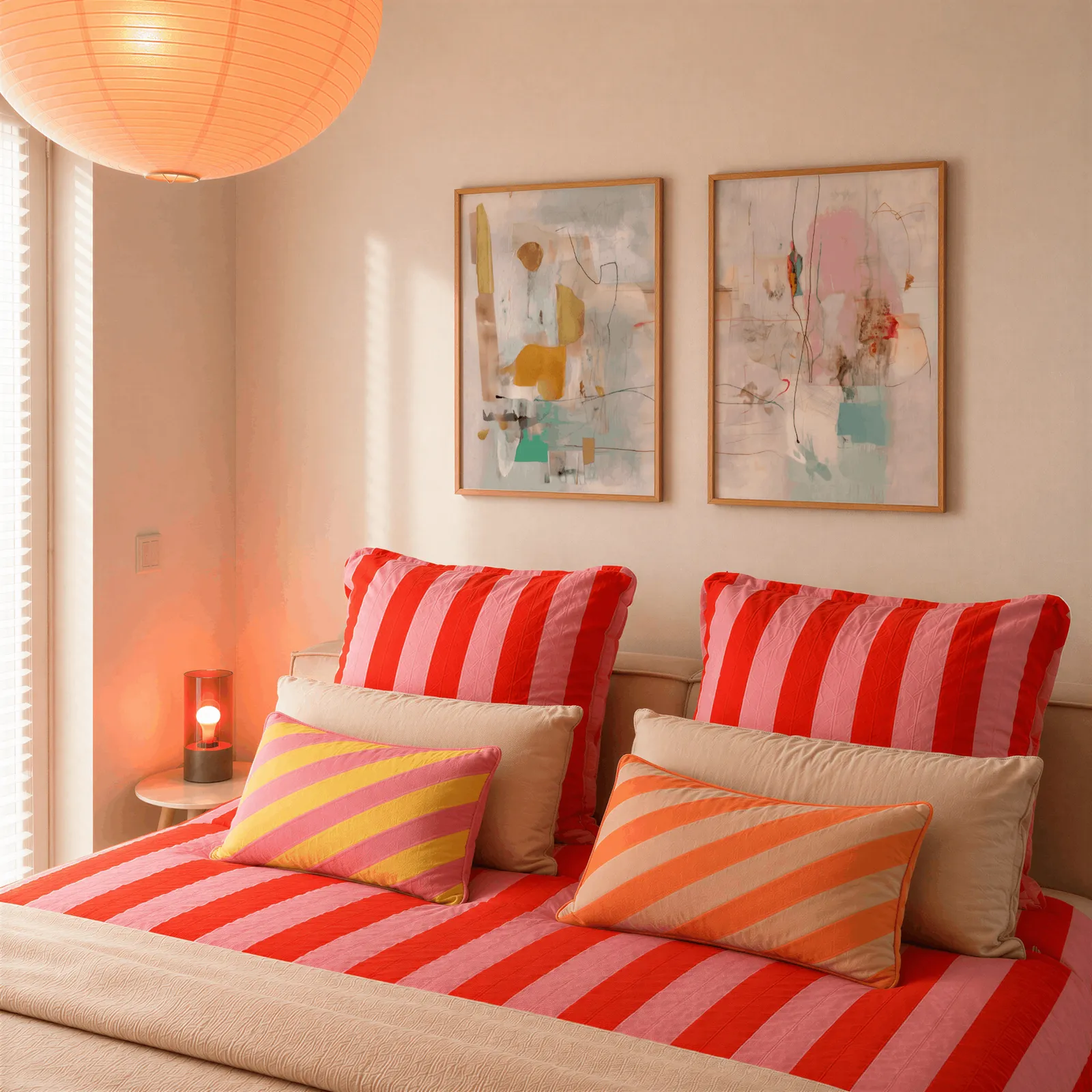 pink and yellow abstract wall art set of two, above a bed piled with red and pink striped pillows