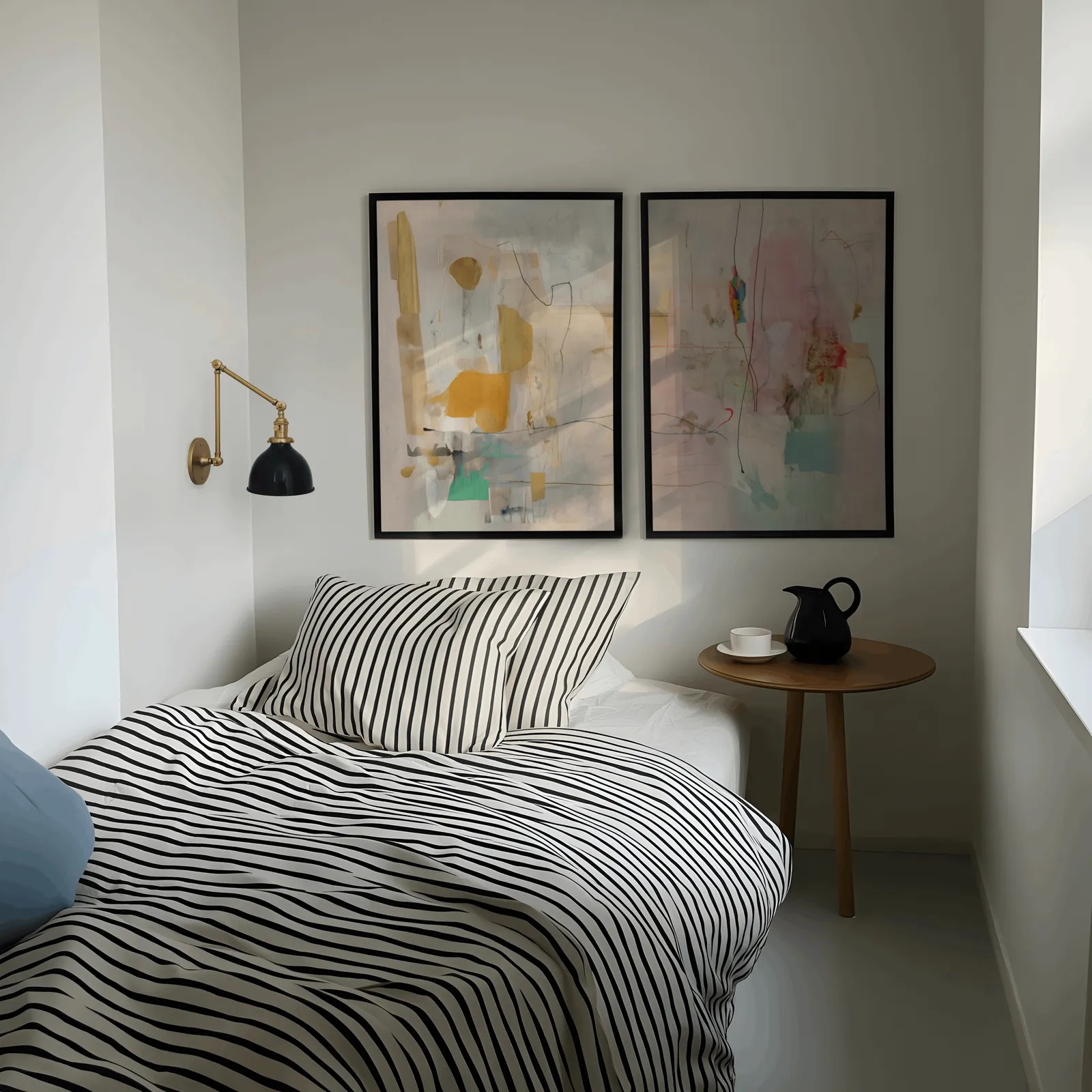 pink and yellow abstract wall art set of two, above a striped bed beside a brass swing-arm lamp