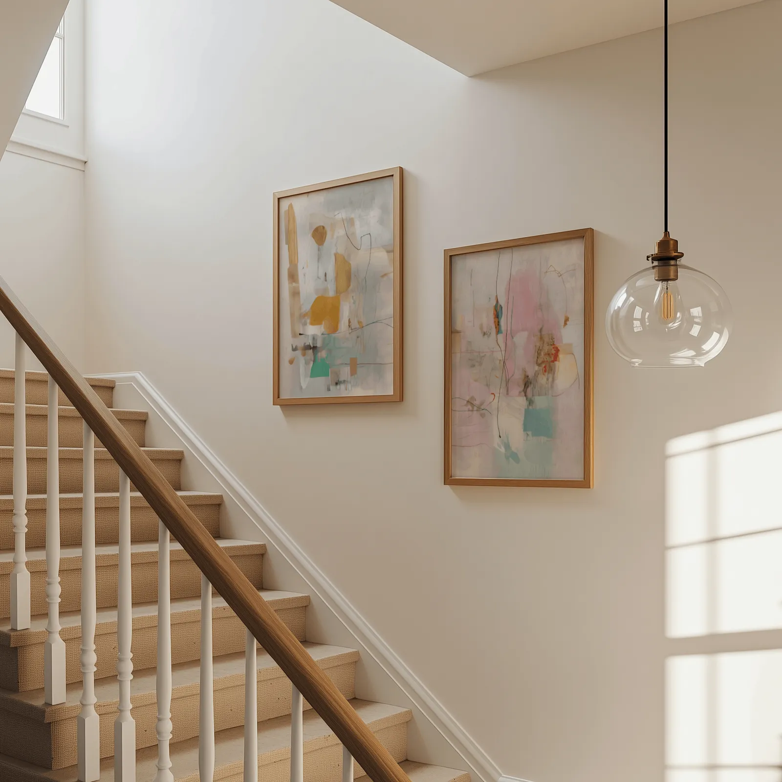 pink and yellow abstract wall art set of two, beside a carpeted staircase under a glass pendant light