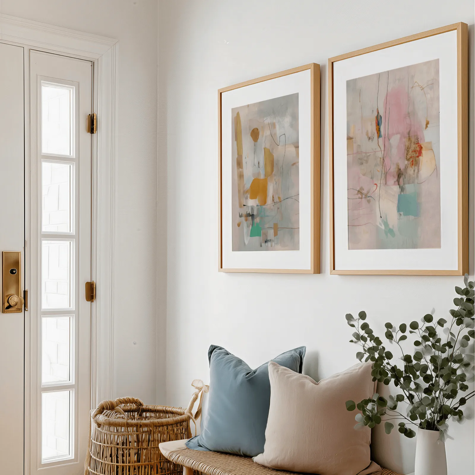 pink and yellow abstract wall art set of two, above a bench with blue and blush pillows near the entry door