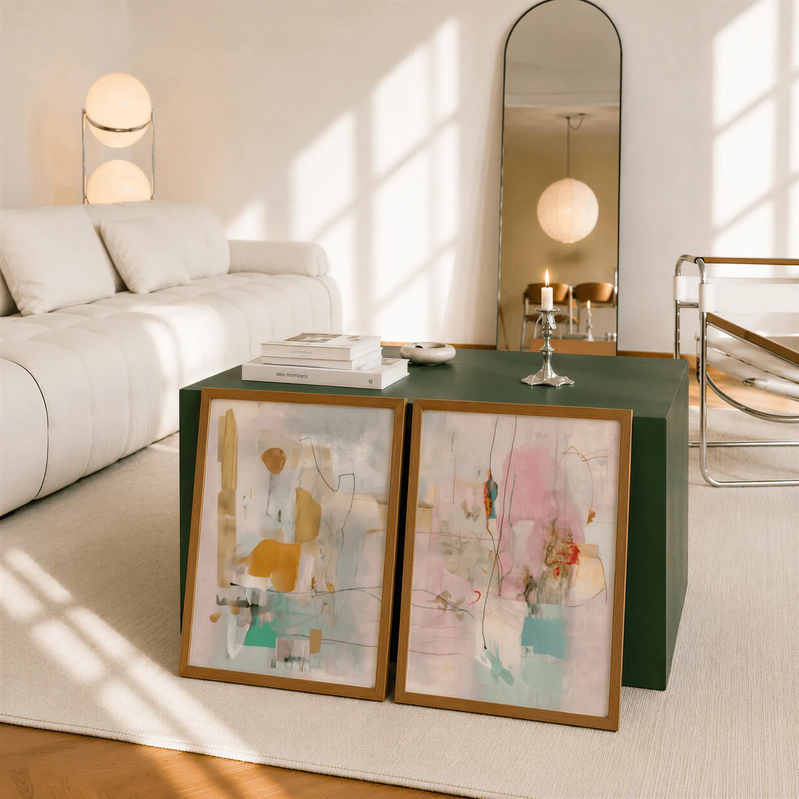 pink and yellow abstract wall art set of two, leaning against a dark green cube table beside an arched mirror