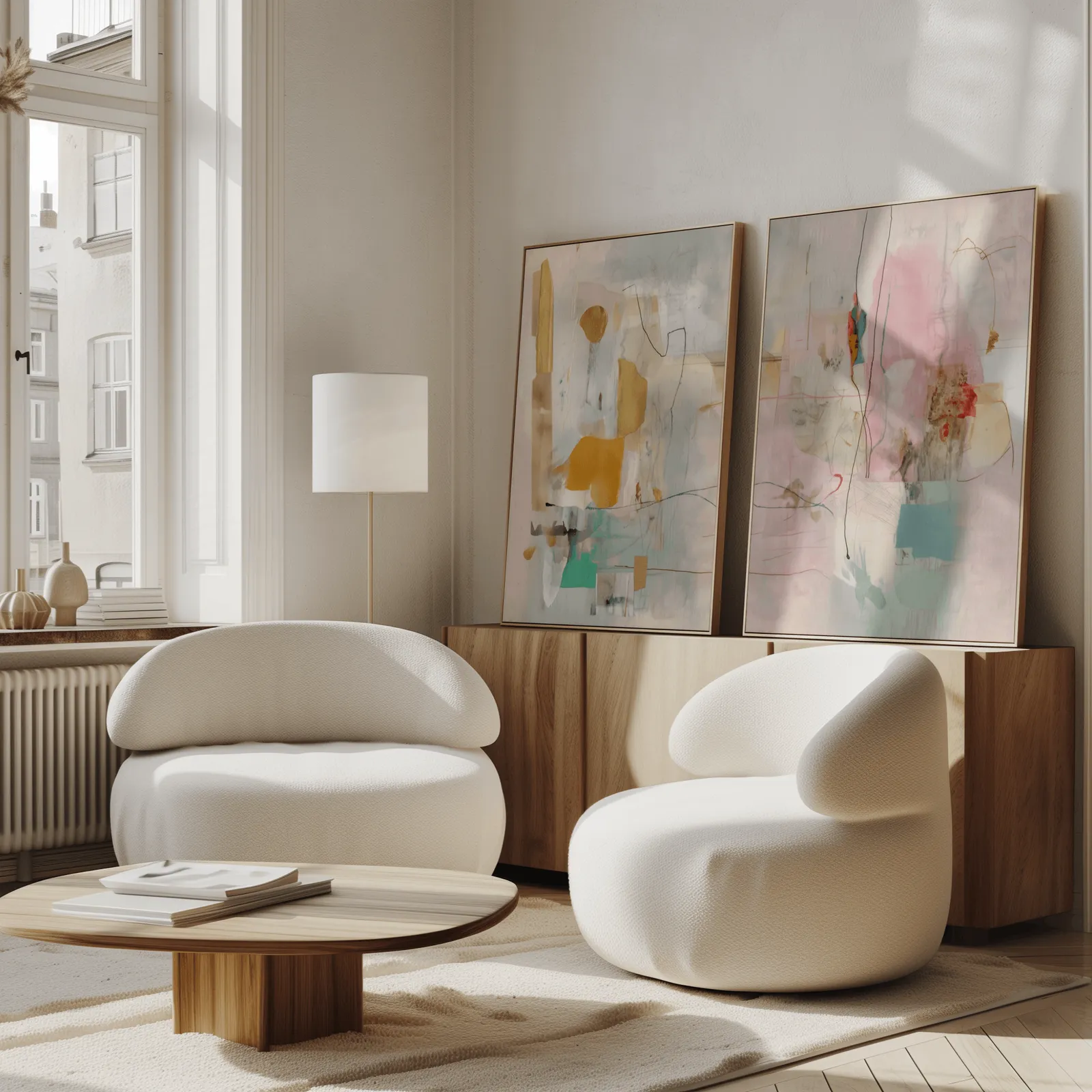 pink and yellow abstract wall art set of two, propped against a wooden sideboard beside boucle armchairs