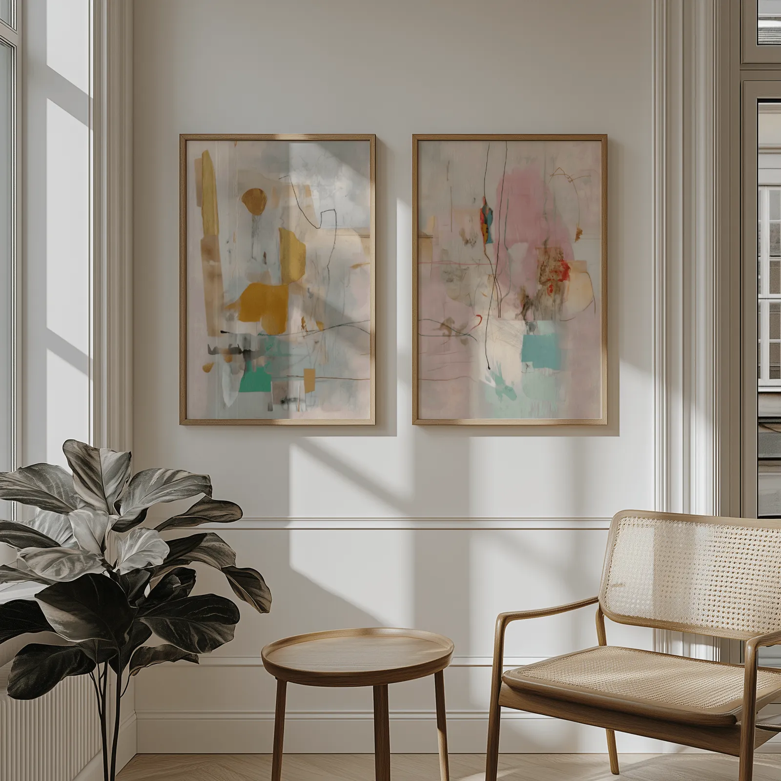 pink and yellow abstract wall art set of two, above wainscoting beside a cane armchair and fiddle-leaf fig