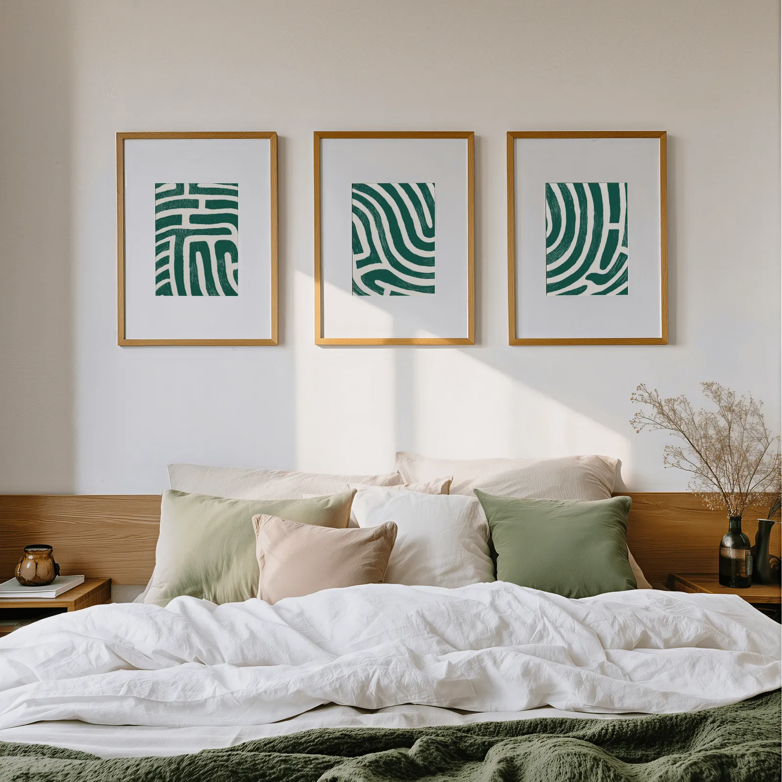green abstract maze line triptych wall art, above a wooden headboard scattered with sage and blush pillows