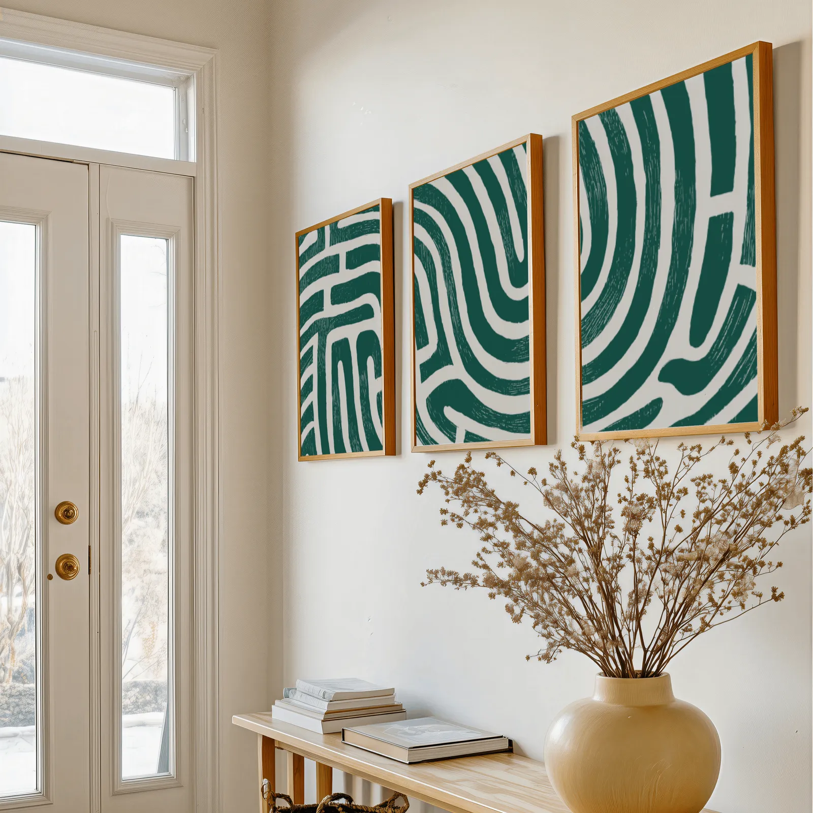 green abstract maze line triptych wall art, above a console table with a yellow vase of dried branches