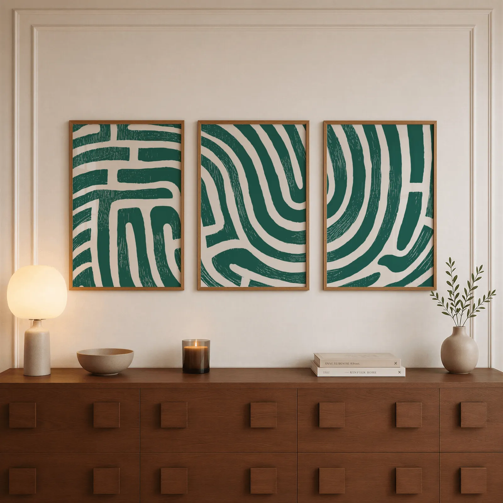 green abstract maze line triptych wall art, above a walnut sideboard with a lit candle and glowing lamp