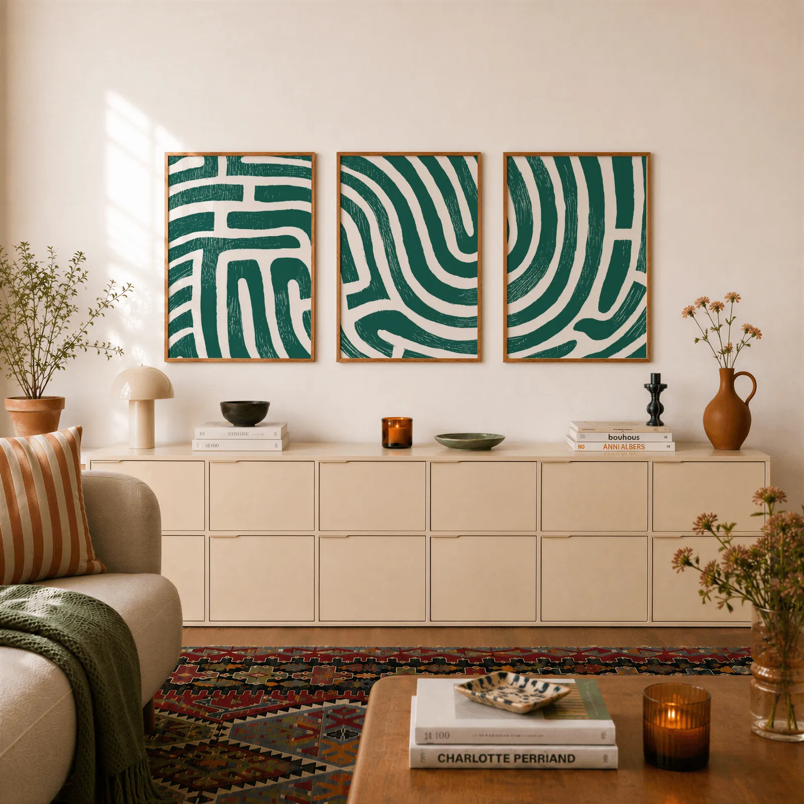 green abstract maze line triptych wall art, above a long cream sideboard topped with books and a terracotta jug
