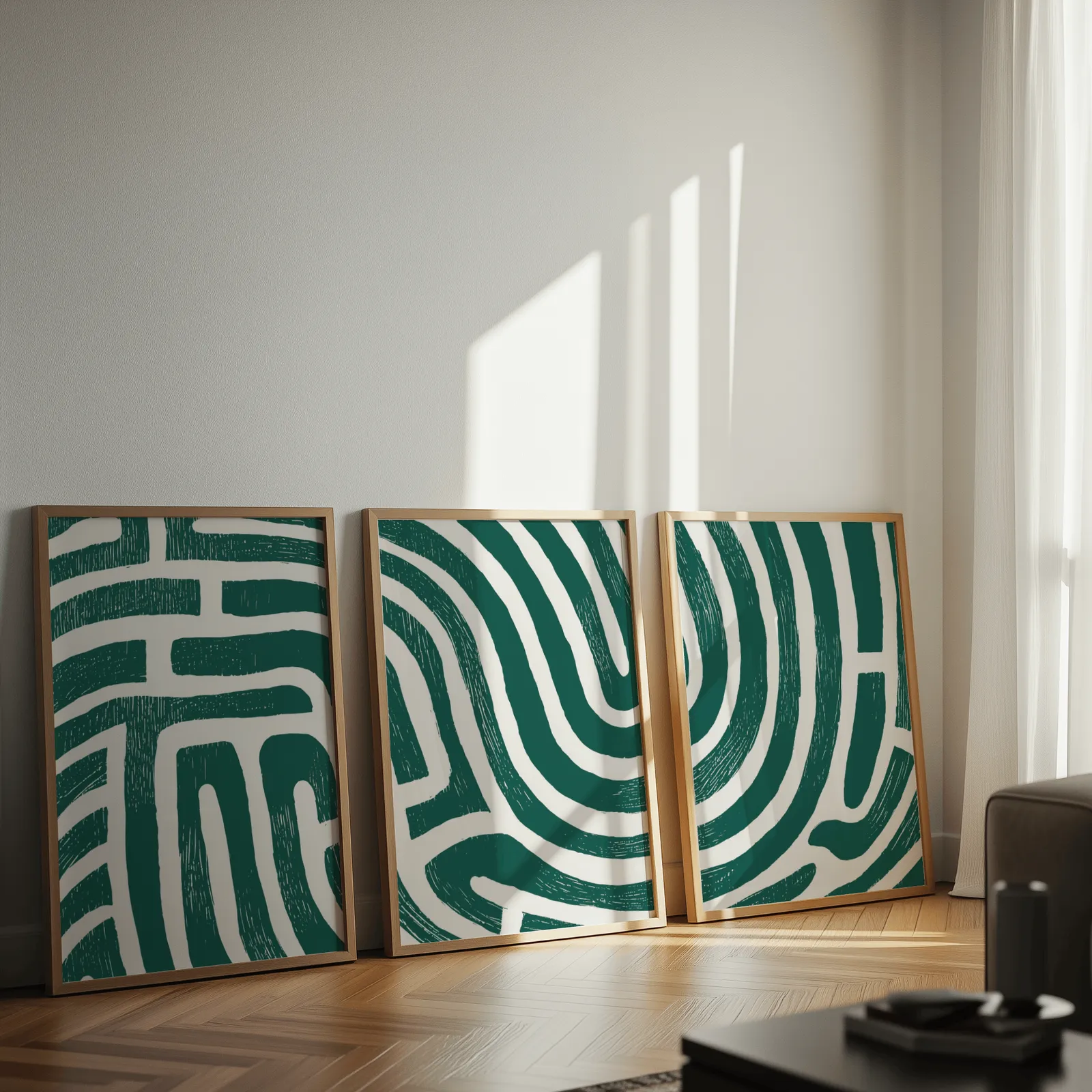 green abstract maze line triptych wall art, leaning against a sunlit wall on herringbone flooring