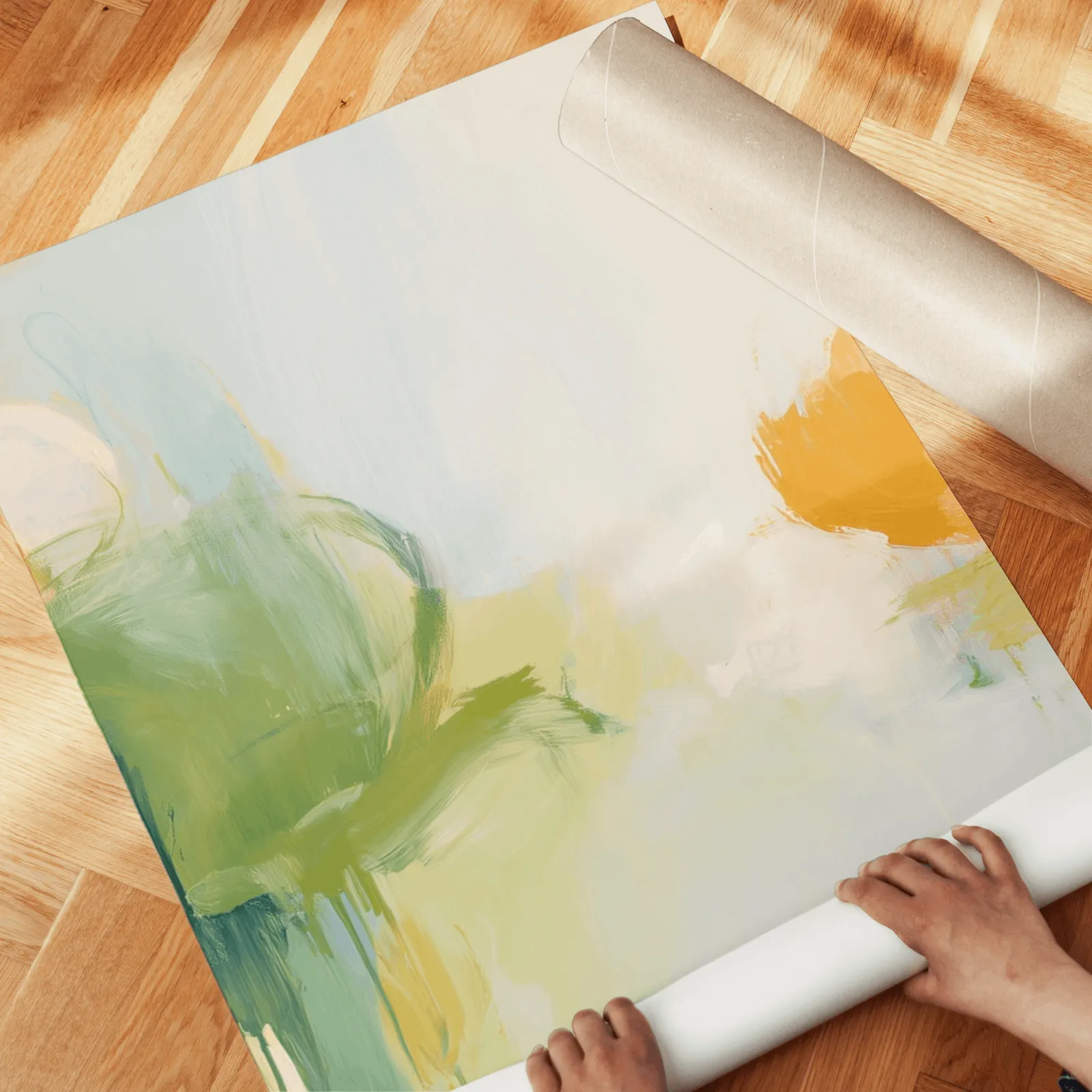 green and orange abstract nature triptych wall art, unrolled across a herringbone wood floor by hand