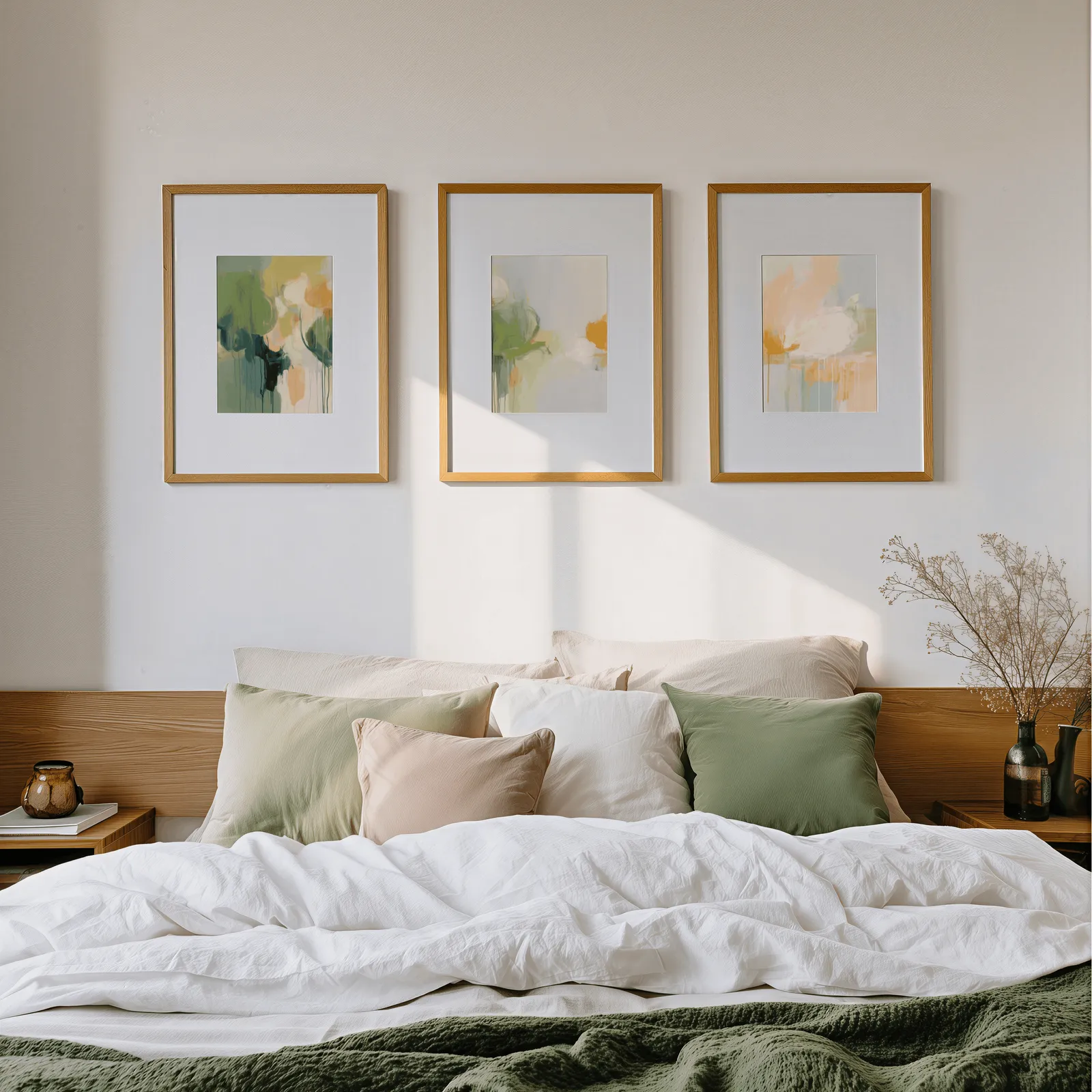 green and orange abstract nature triptych wall art, above a wooden headboard scattered with sage and blush pillows