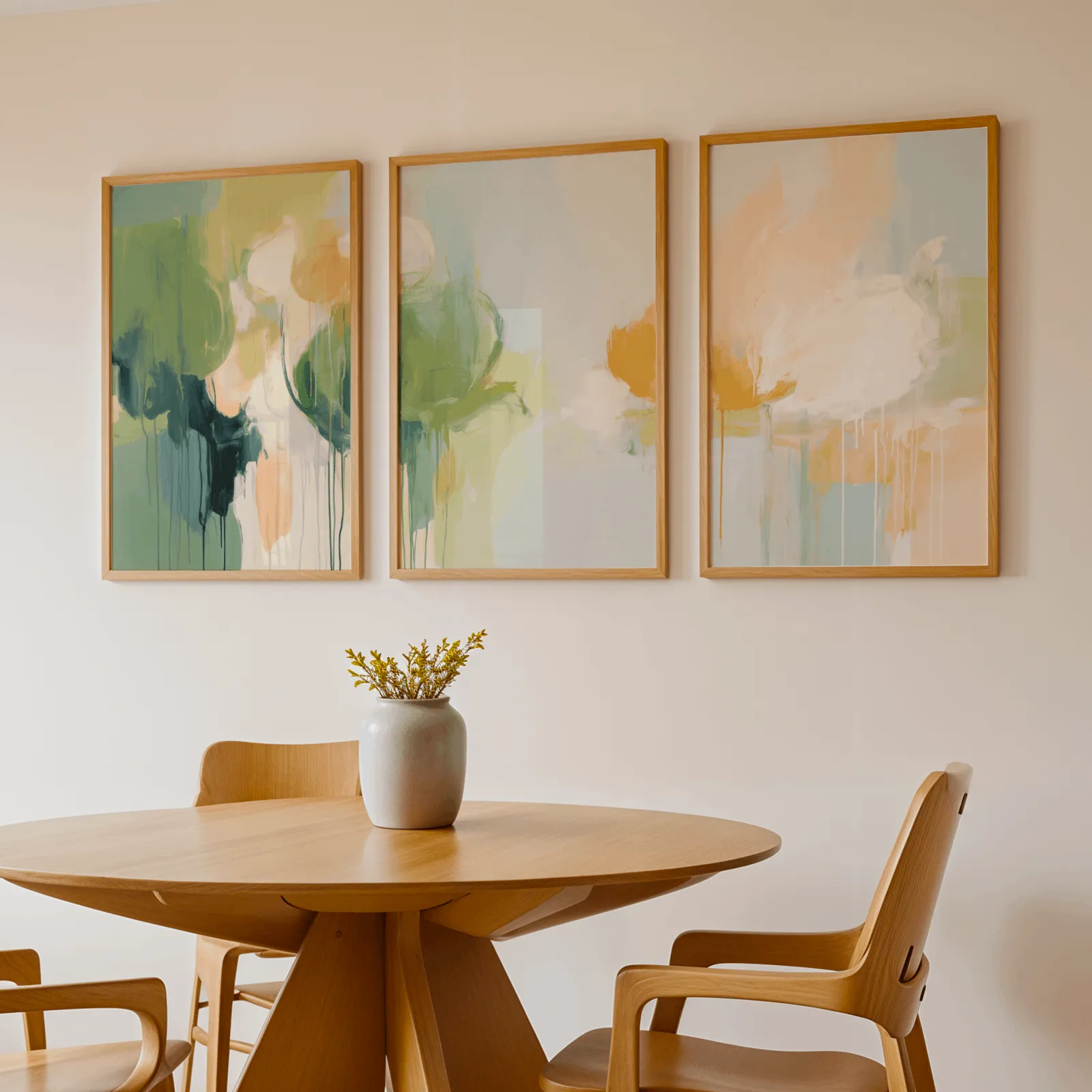 green and orange abstract nature triptych wall art, above a round wooden table with a stoneware vase