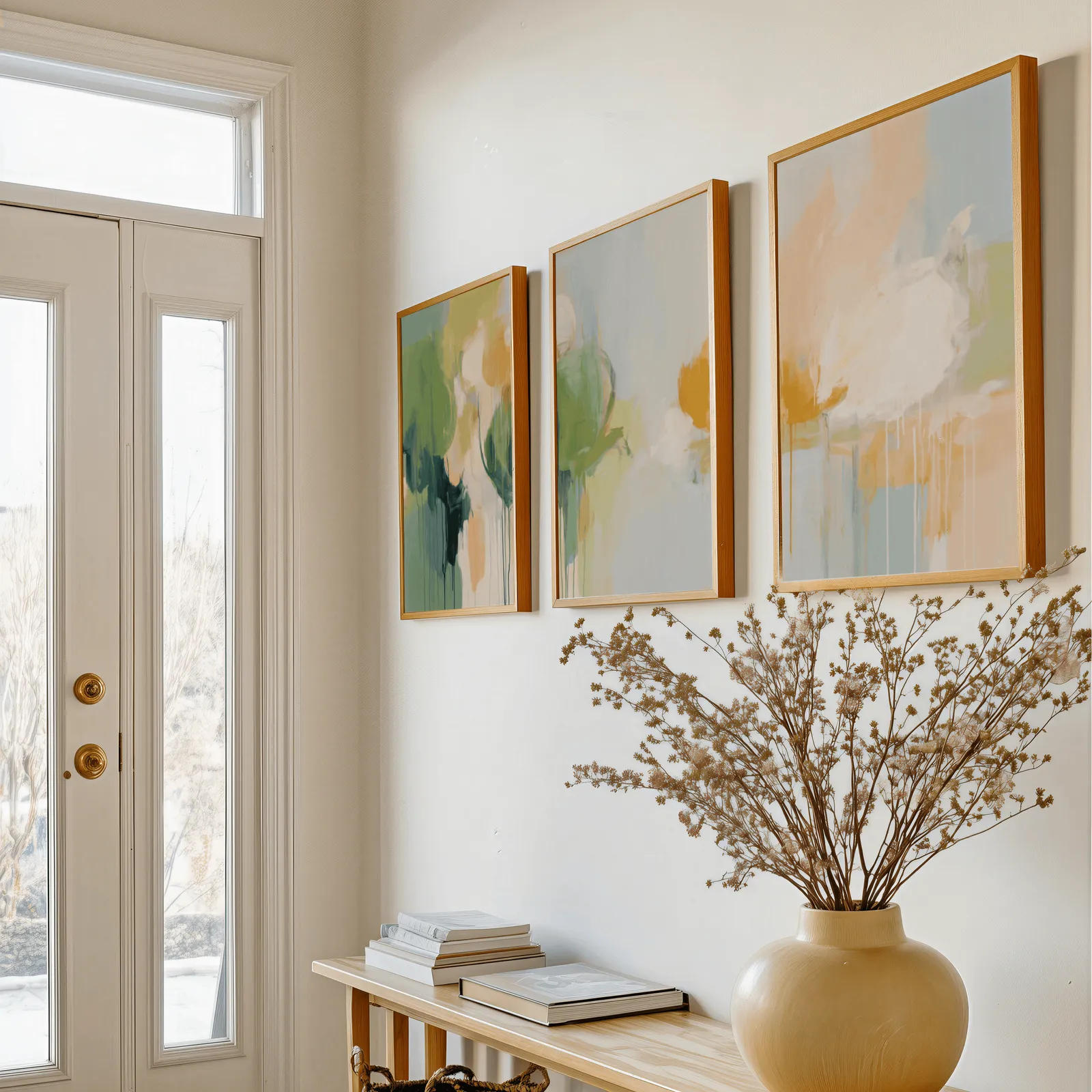 green and orange abstract nature triptych wall art, above a console table with a yellow vase of dried branches