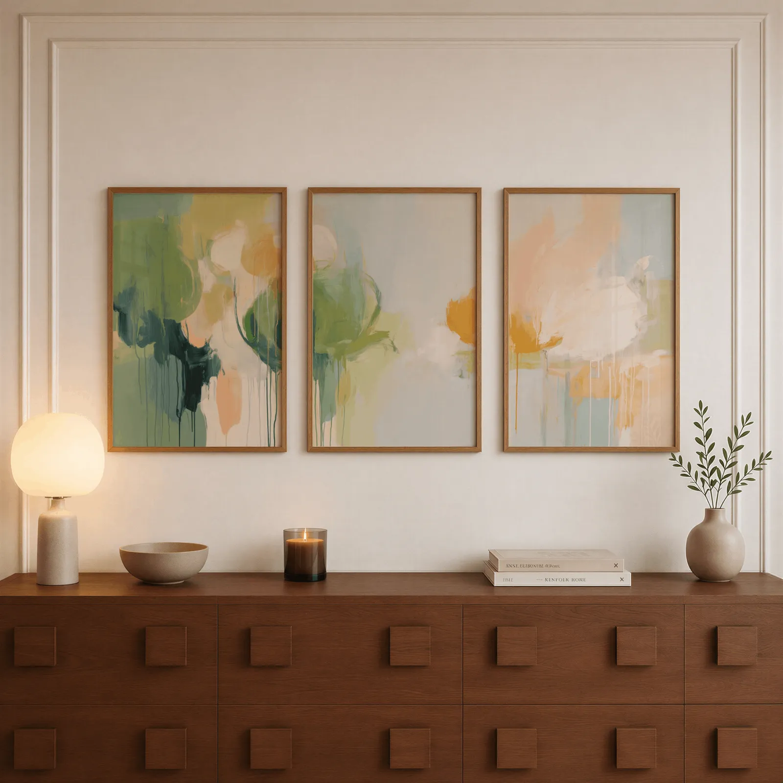 green and orange abstract nature triptych wall art, above a walnut sideboard with a lit candle and glowing lamp