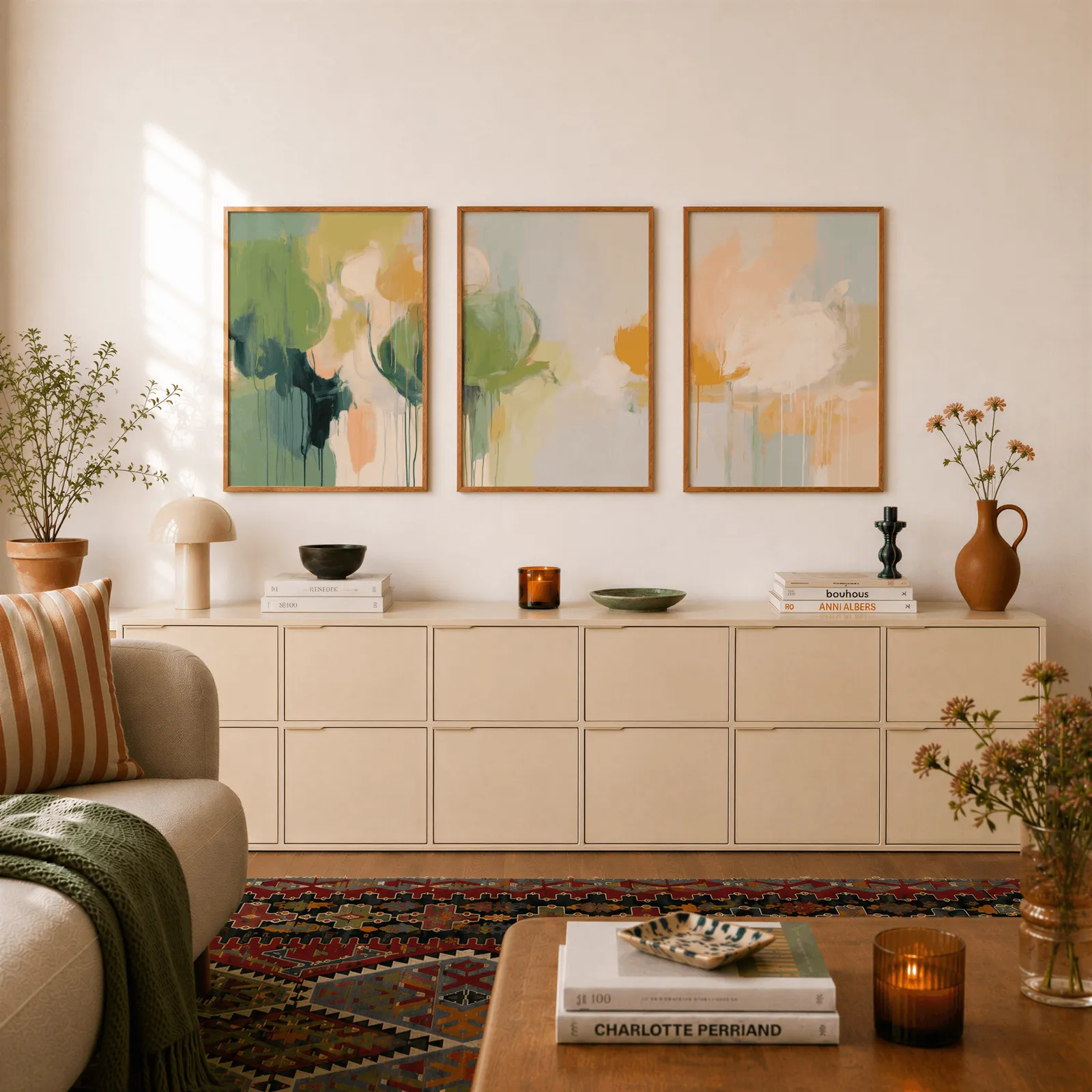 green and orange abstract nature triptych wall art, above a long cream sideboard topped with books and a terracotta jug