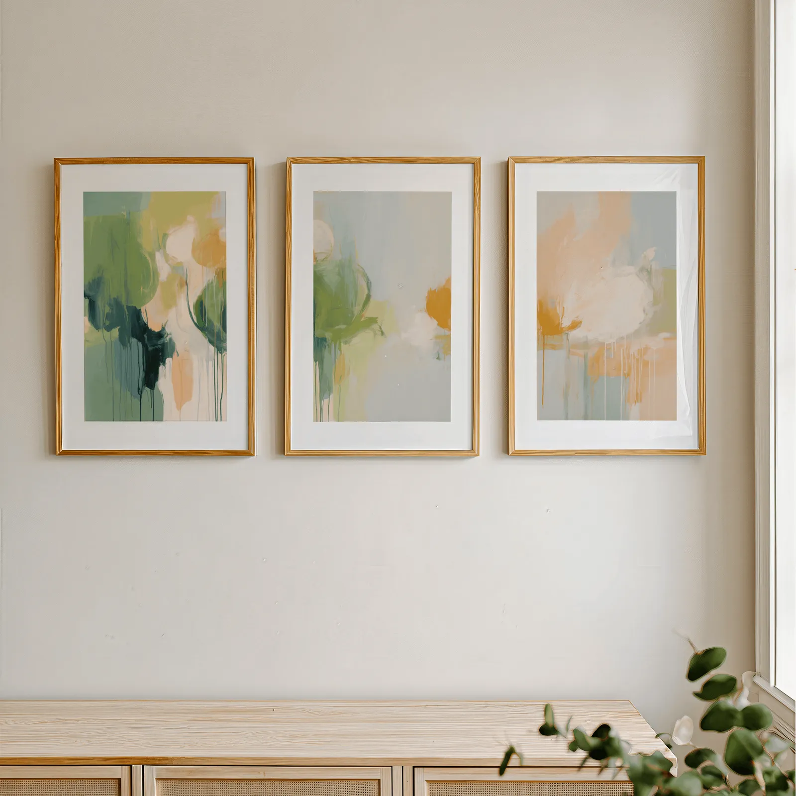 green and orange abstract nature triptych wall art, in a row above a light wooden sideboard near a window