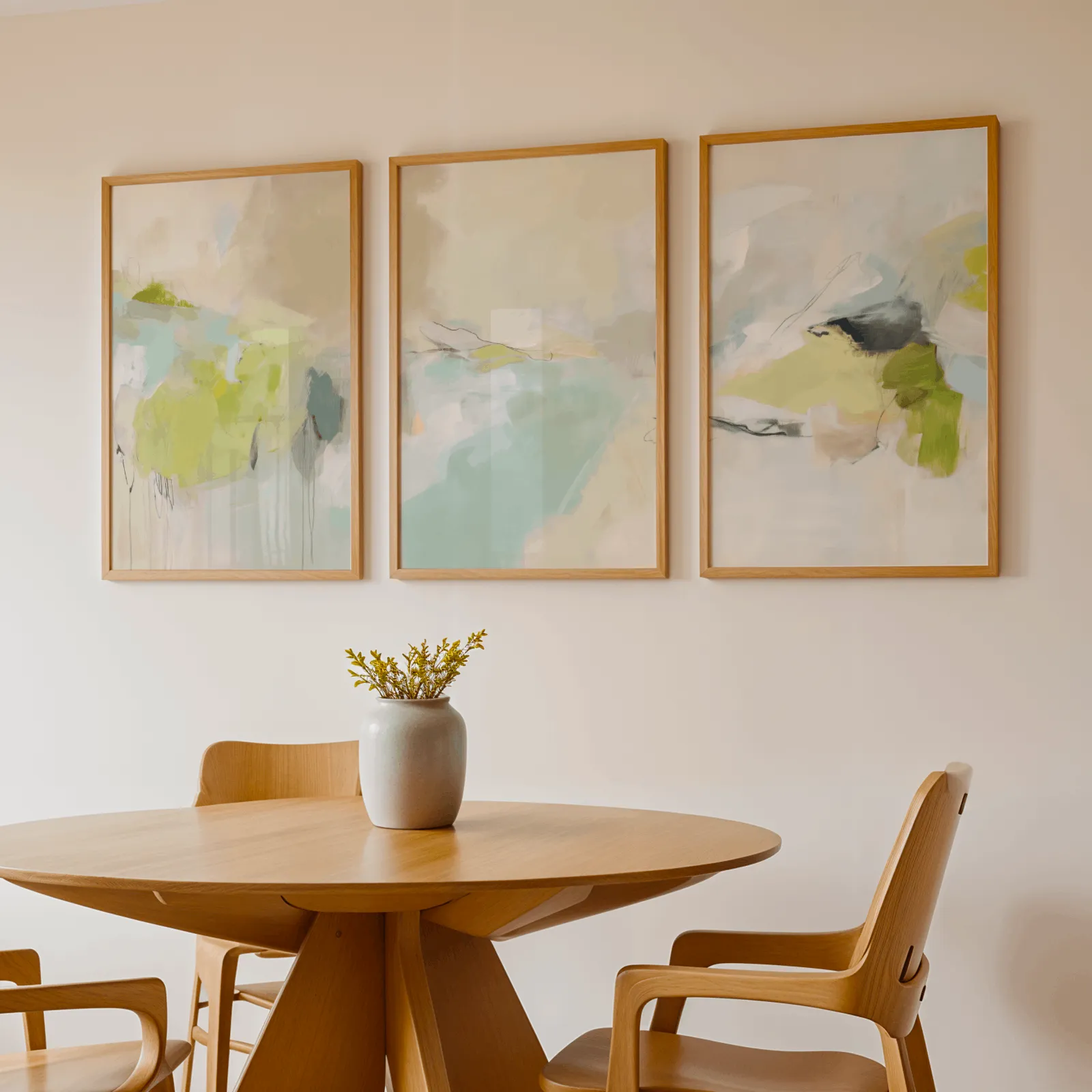 green and beige abstract wall art set of 3, above a round wooden table with a stoneware vase