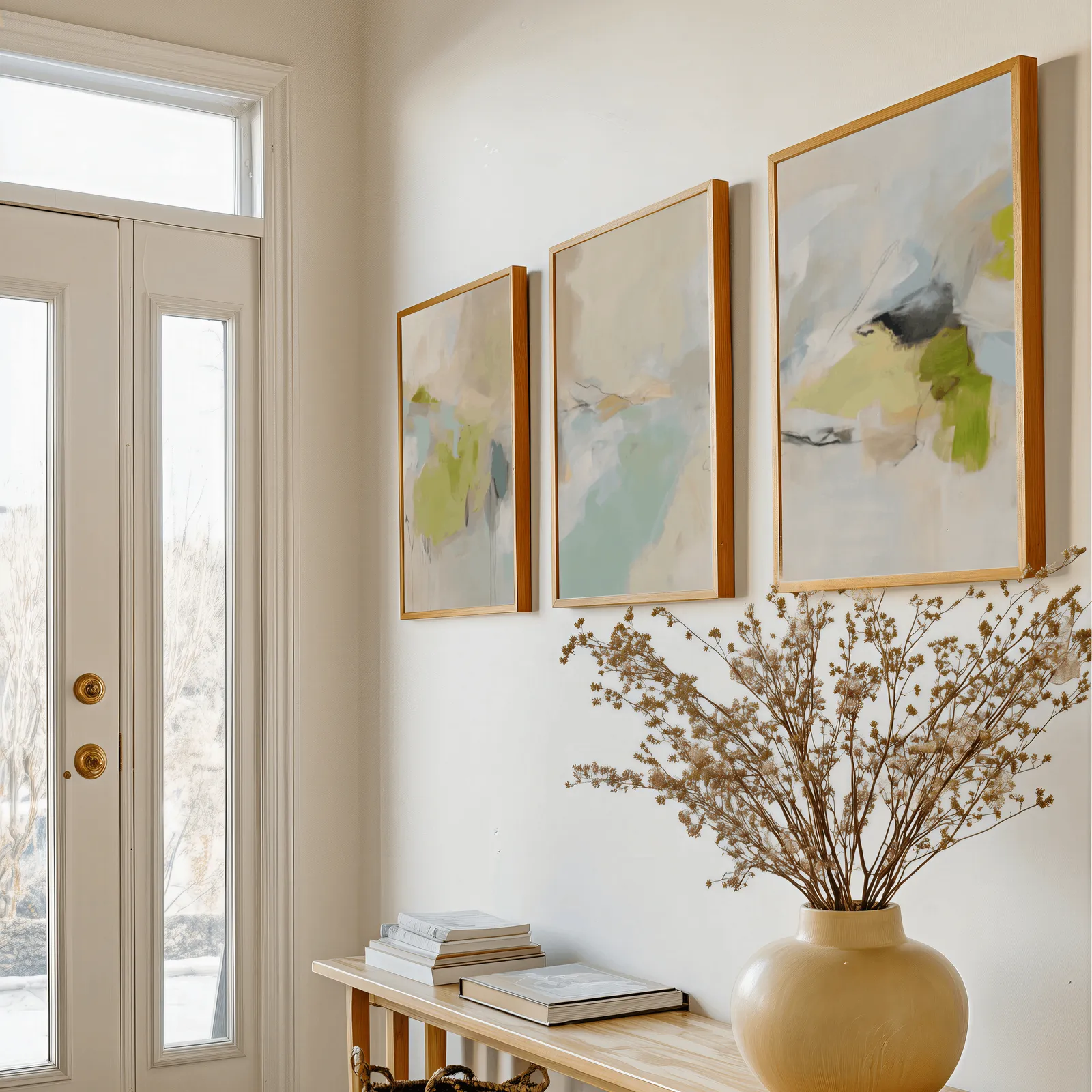 green and beige abstract wall art set of 3, above a console table with a yellow vase of dried branches