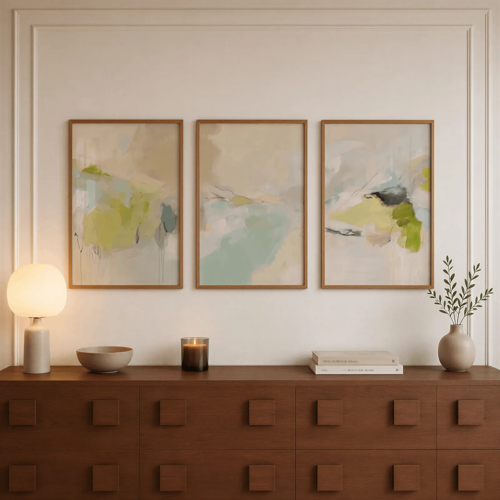 green and beige abstract wall art set of 3, above a walnut sideboard with a lit candle and glowing lamp