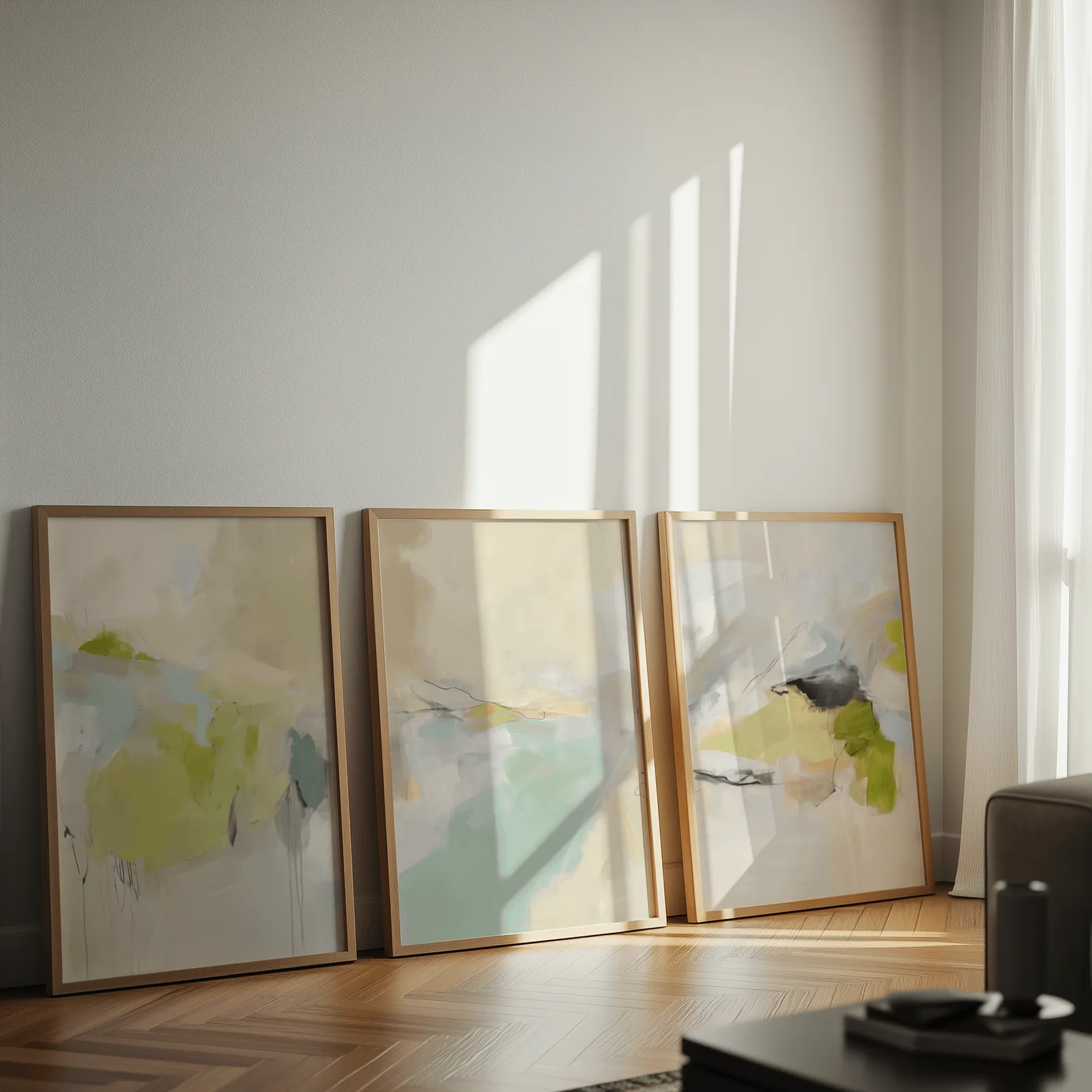 green and beige abstract wall art set of 3, leaning against a sunlit wall on herringbone flooring