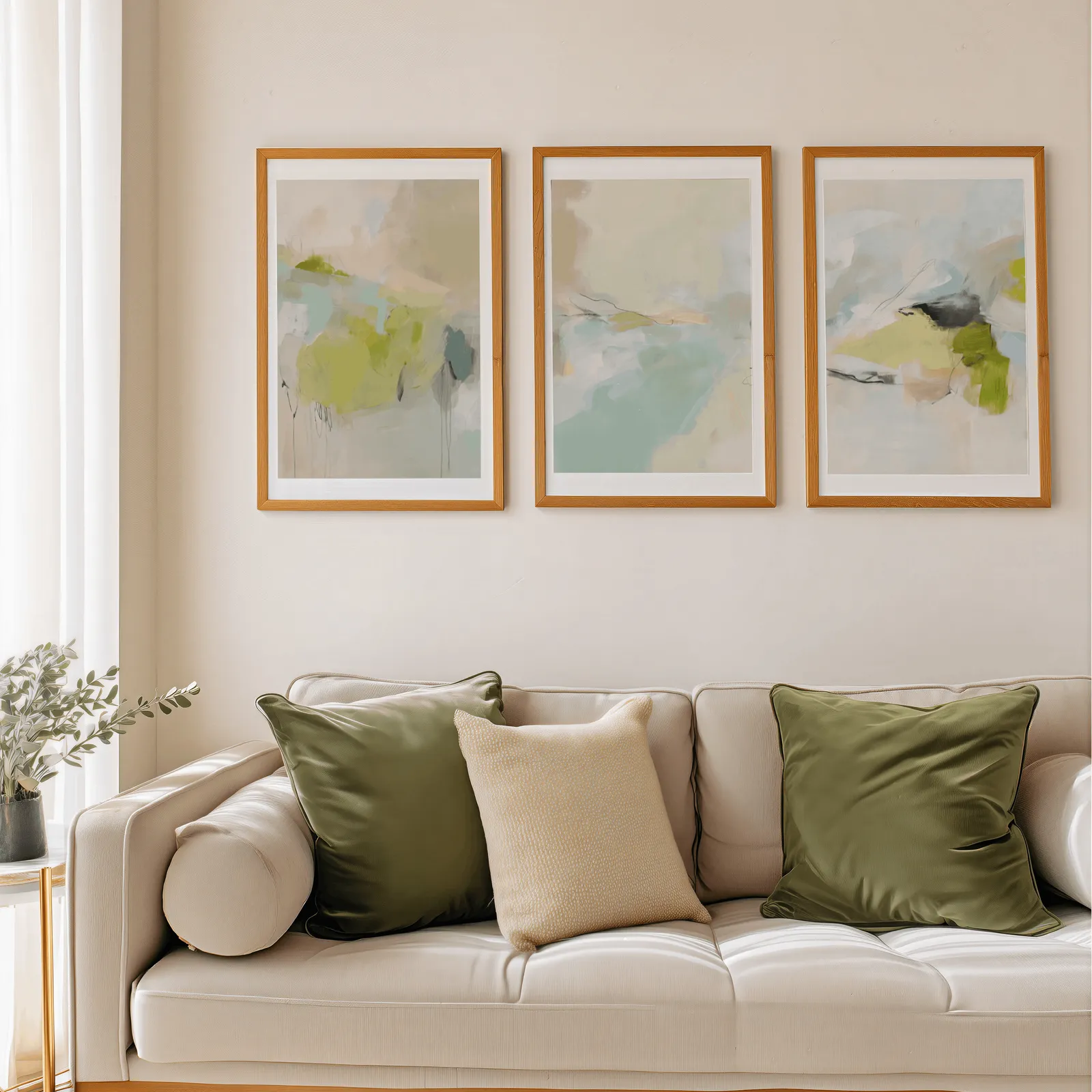 green and beige abstract wall art set of 3, above a beige sofa piled with olive green cushions
