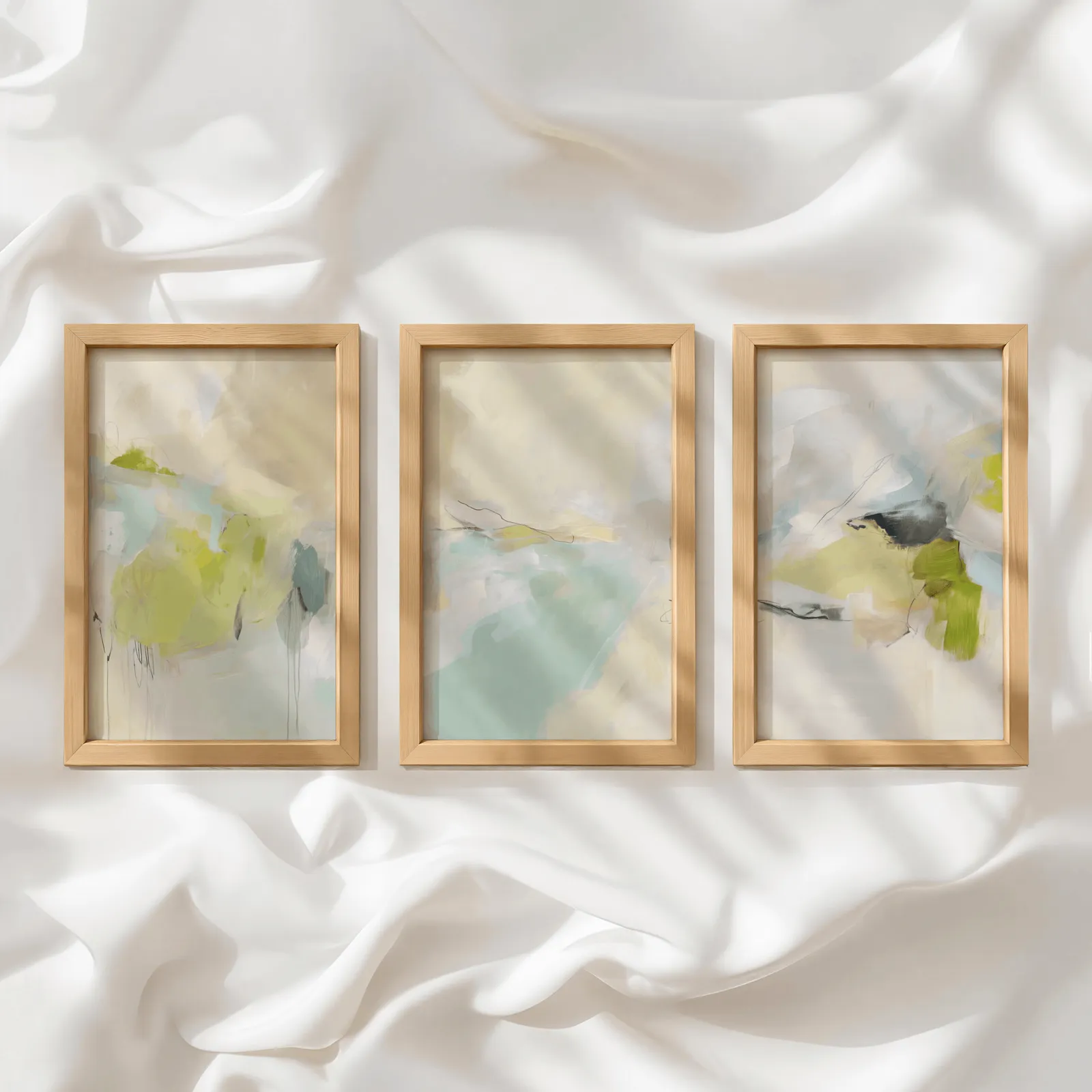 green and beige abstract wall art set of 3, in a row atop rumpled white silky fabric