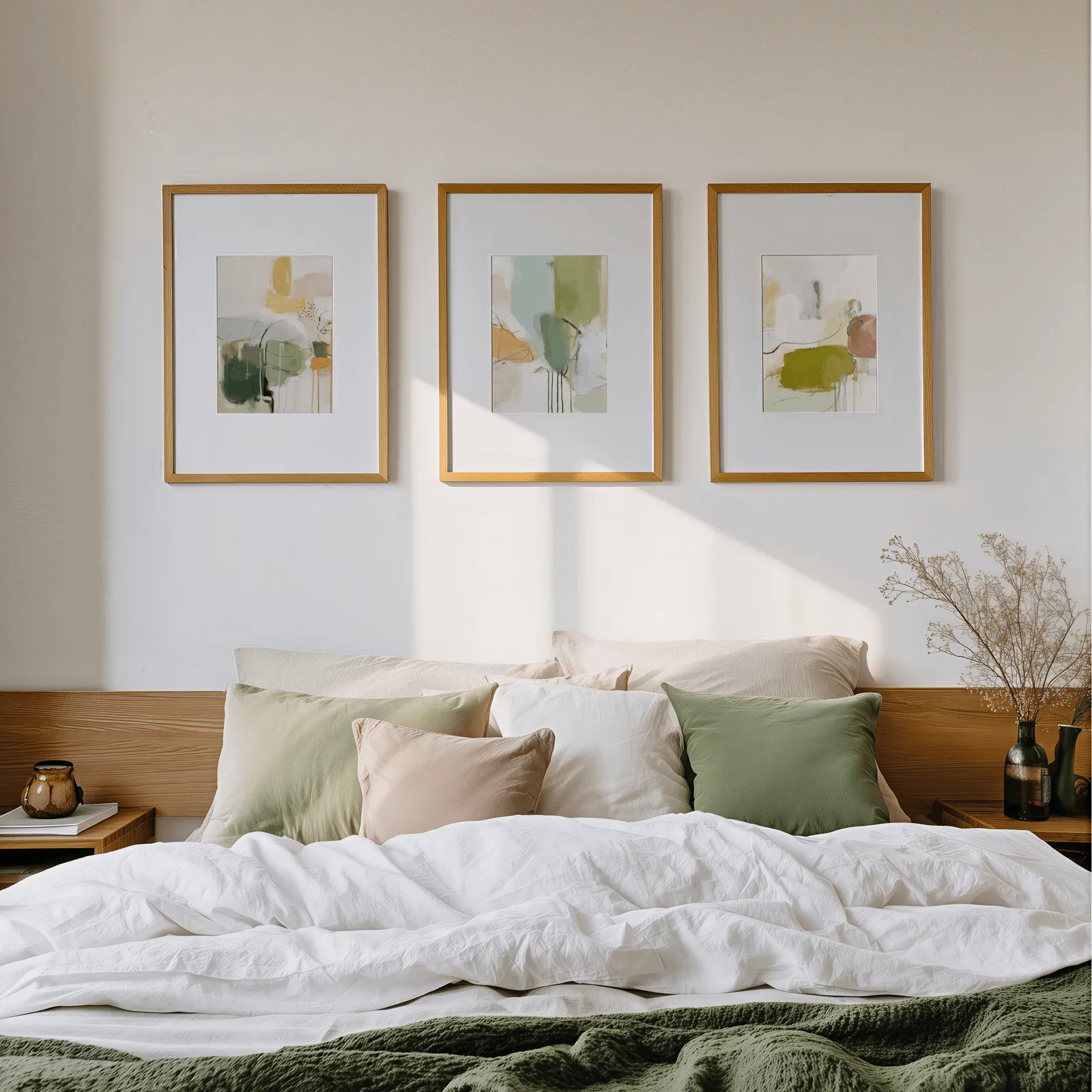 green abstract set of 3 wall art panels, above a wooden headboard scattered with sage and blush pillows