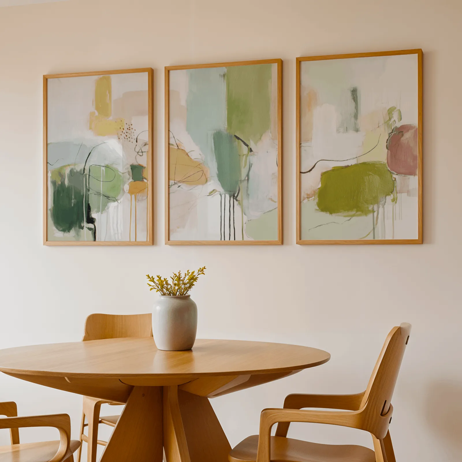 green abstract set of 3 wall art panels, above a round wooden table with a stoneware vase