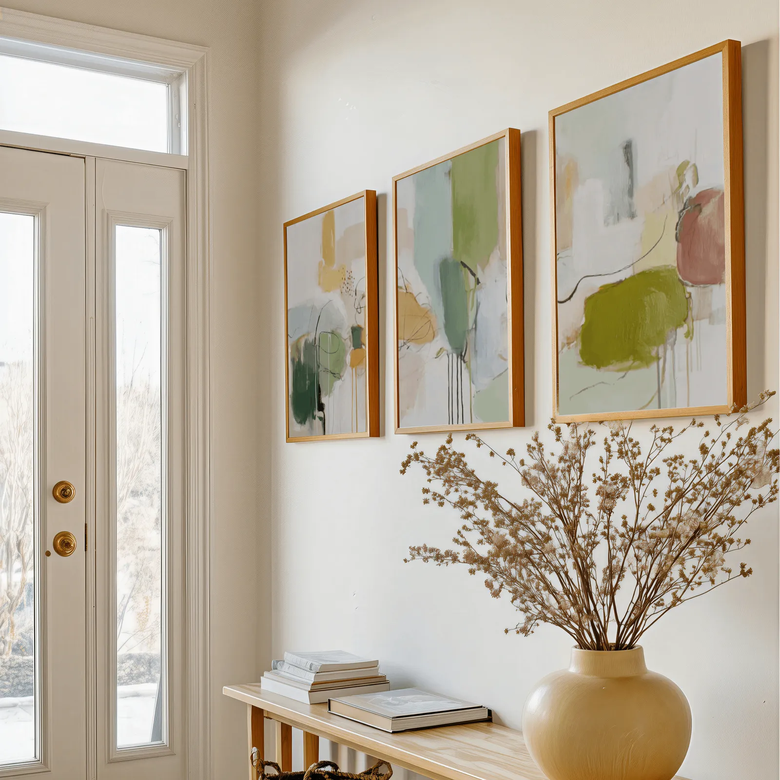 green abstract set of 3 wall art panels, above a console table with a yellow vase of dried branches