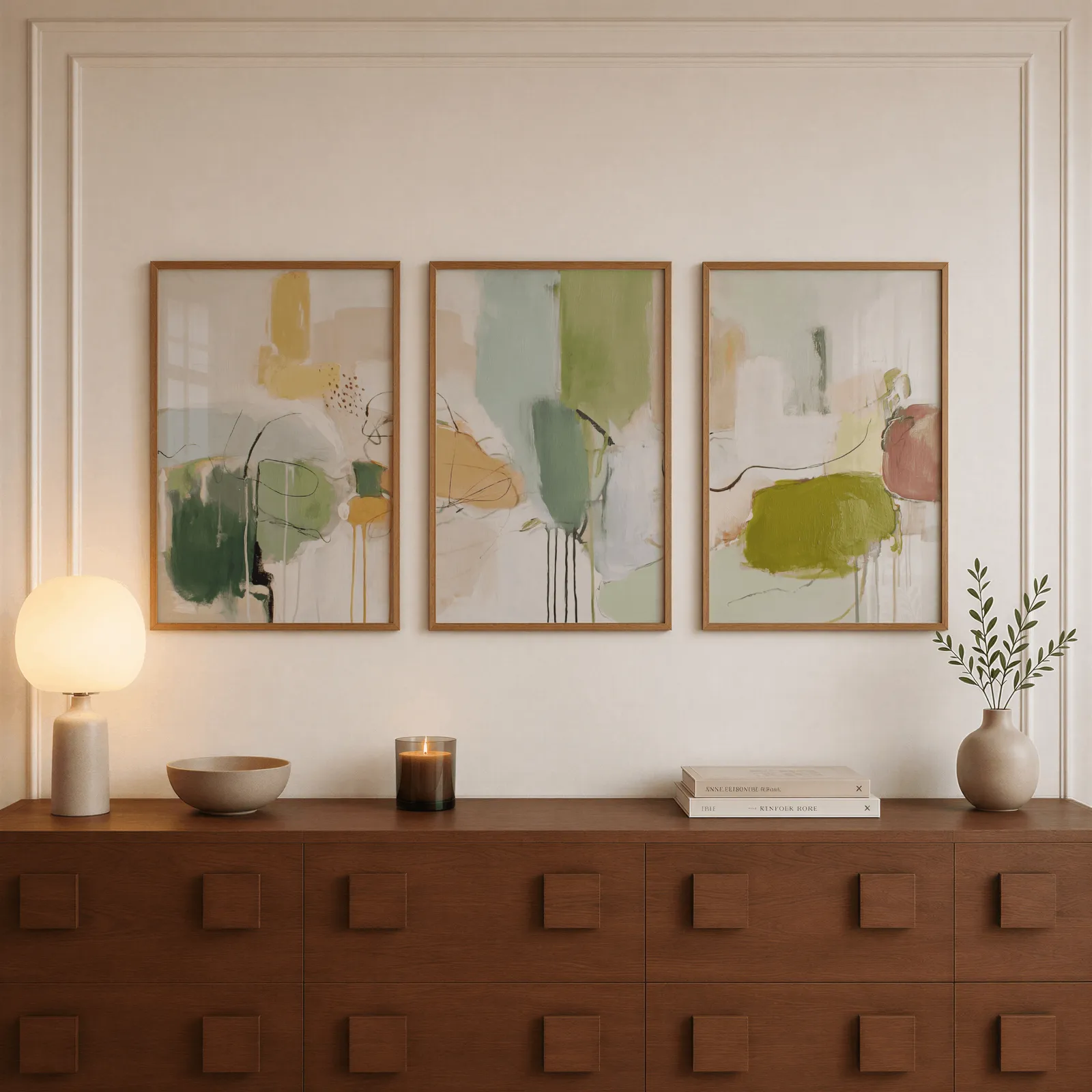 green abstract set of 3 wall art panels, above a walnut sideboard with a lit candle and glowing lamp