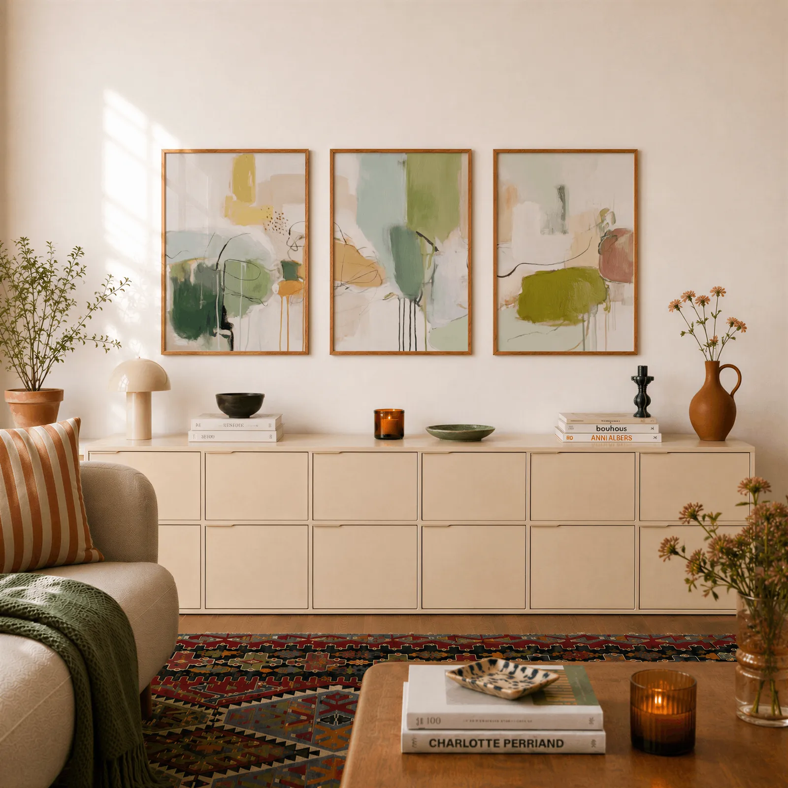 green abstract set of 3 wall art panels, above a long cream sideboard topped with books and a terracotta jug