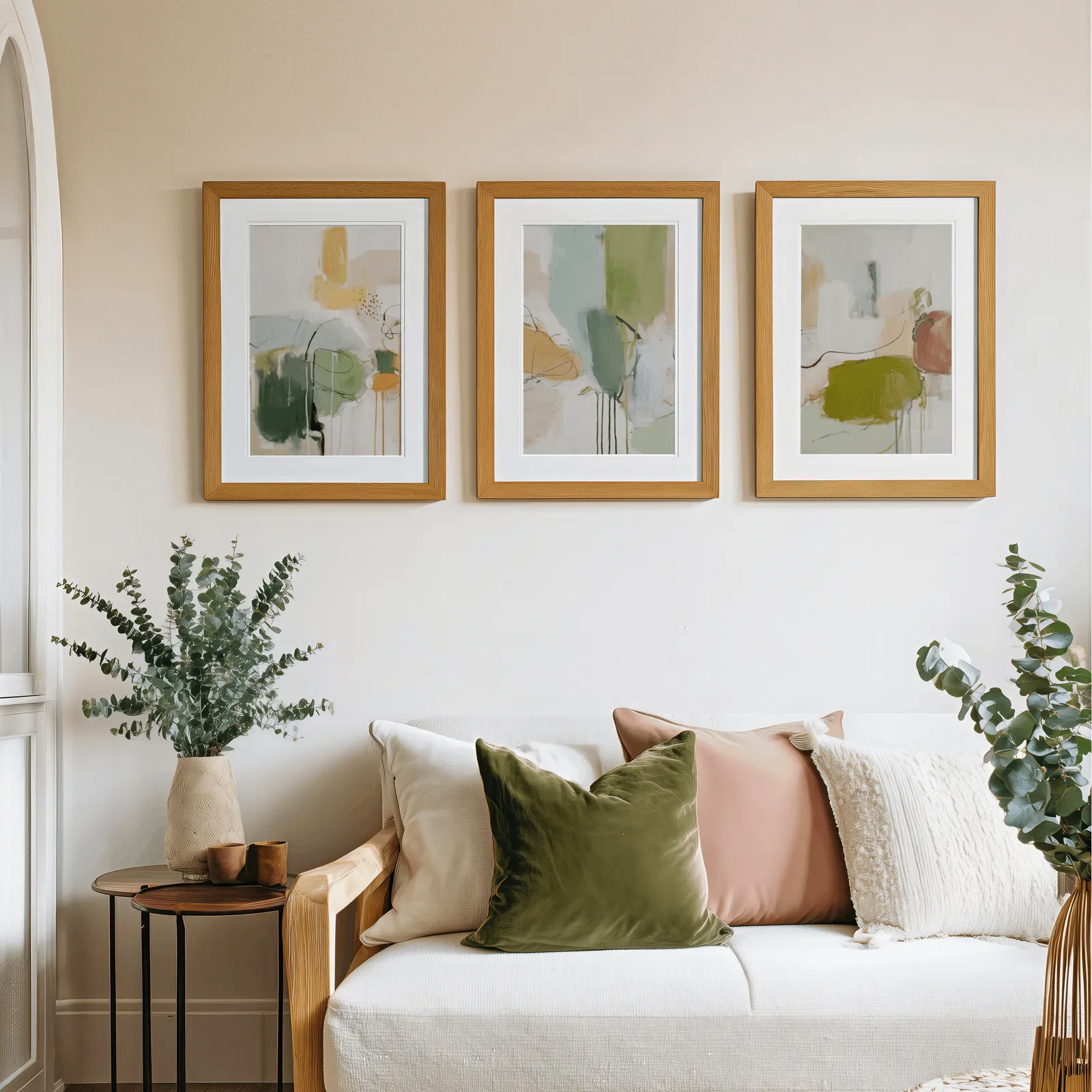 green abstract set of 3 wall art panels, above a cream sofa piled with olive and blush pillows