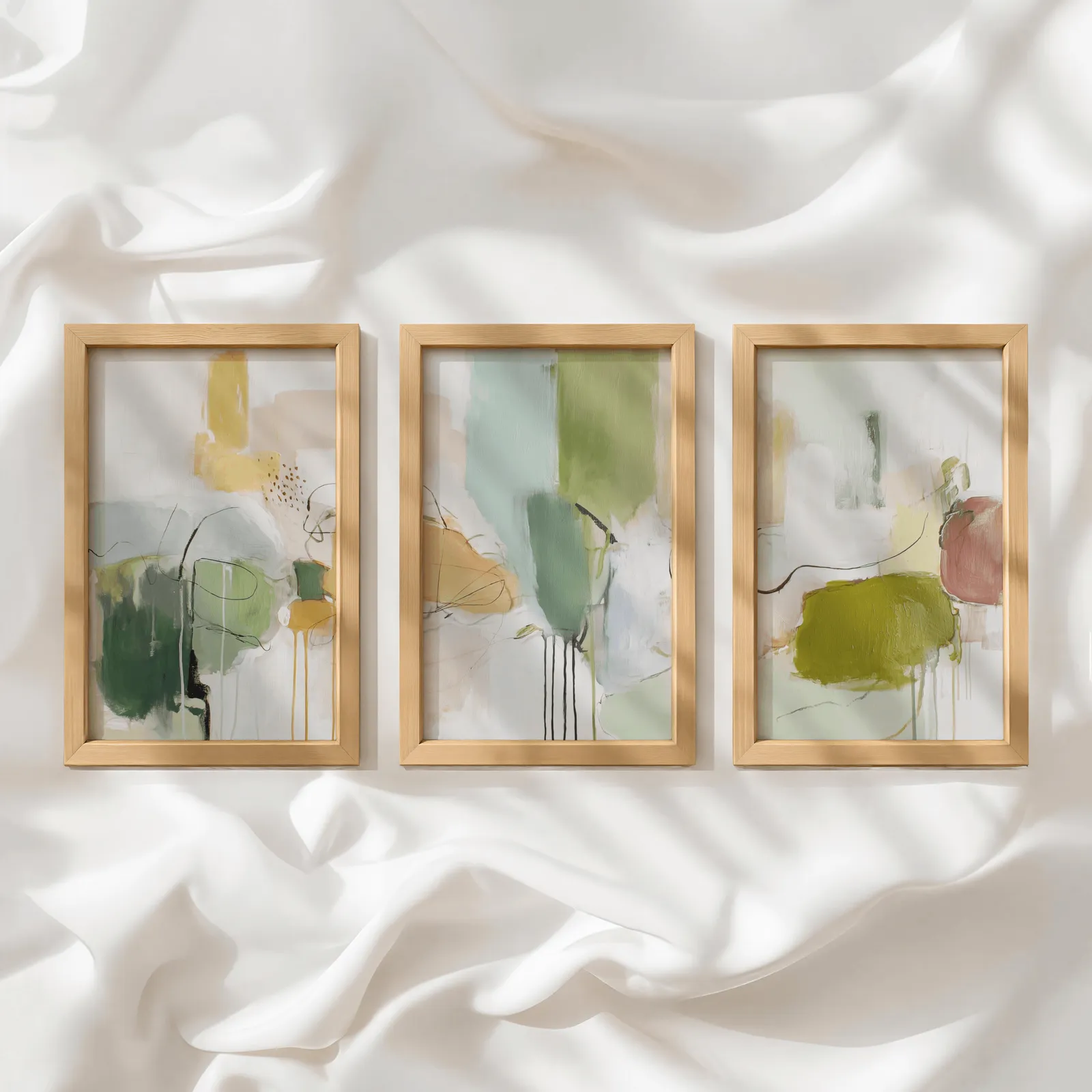 green abstract set of 3 wall art panels, in a row atop rumpled white silky fabric