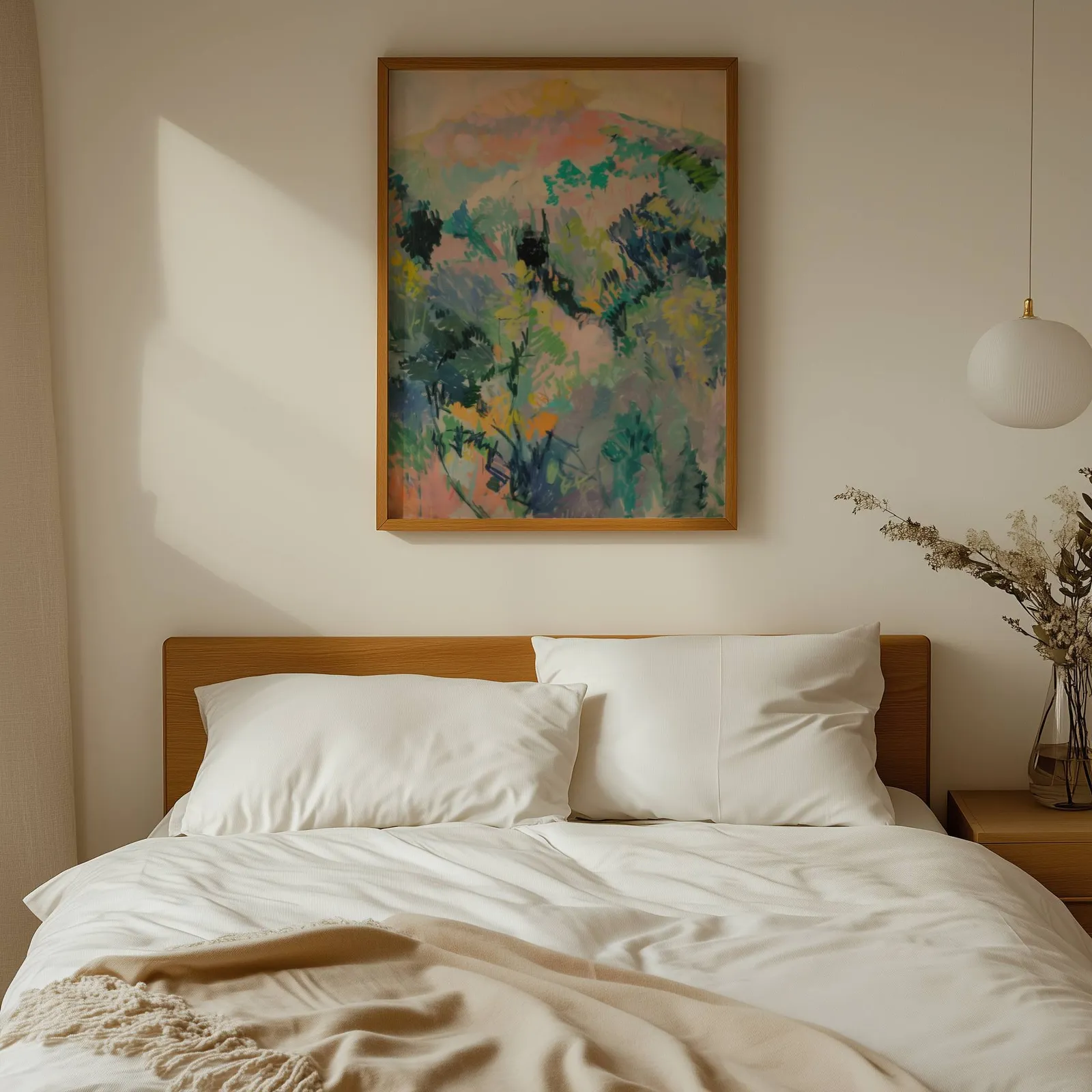 colorful landscape wall art of hillside foliage, above a wooden headboard with white linen pillows