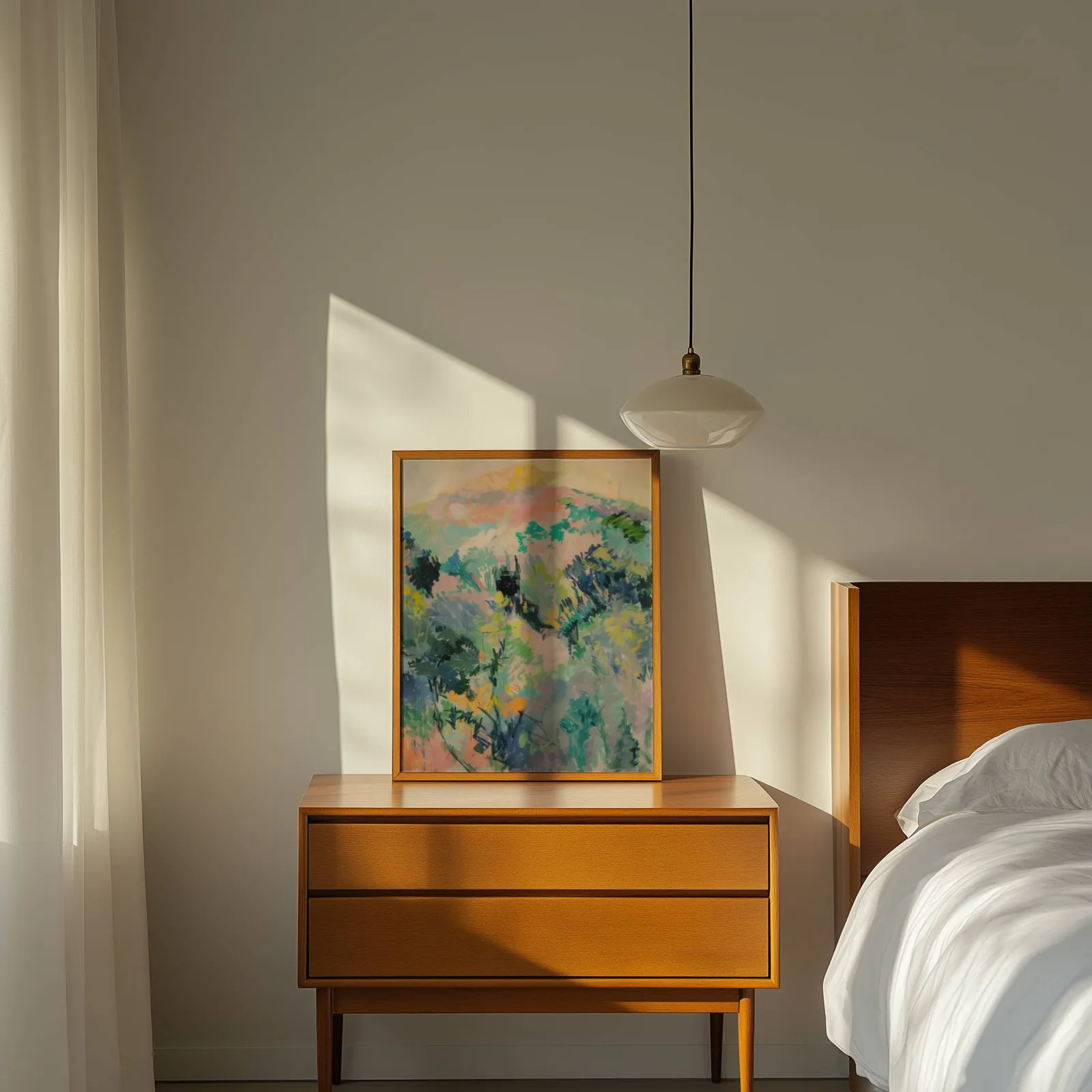 colorful landscape wall art of hillside foliage, propped on a wooden dresser beside a pendant lamp