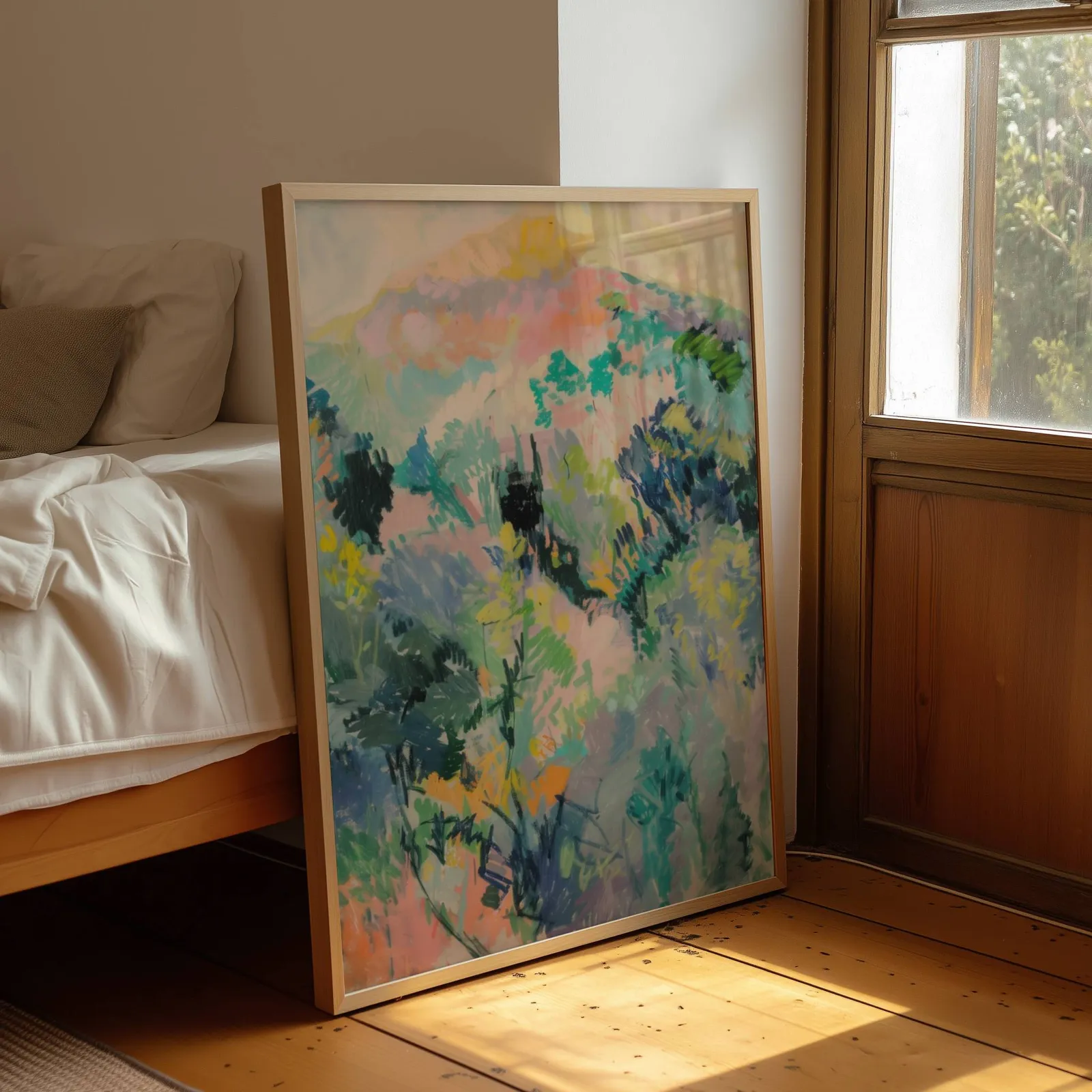 colorful landscape wall art of hillside foliage, leaning by a sunlit window beside an unmade bed
