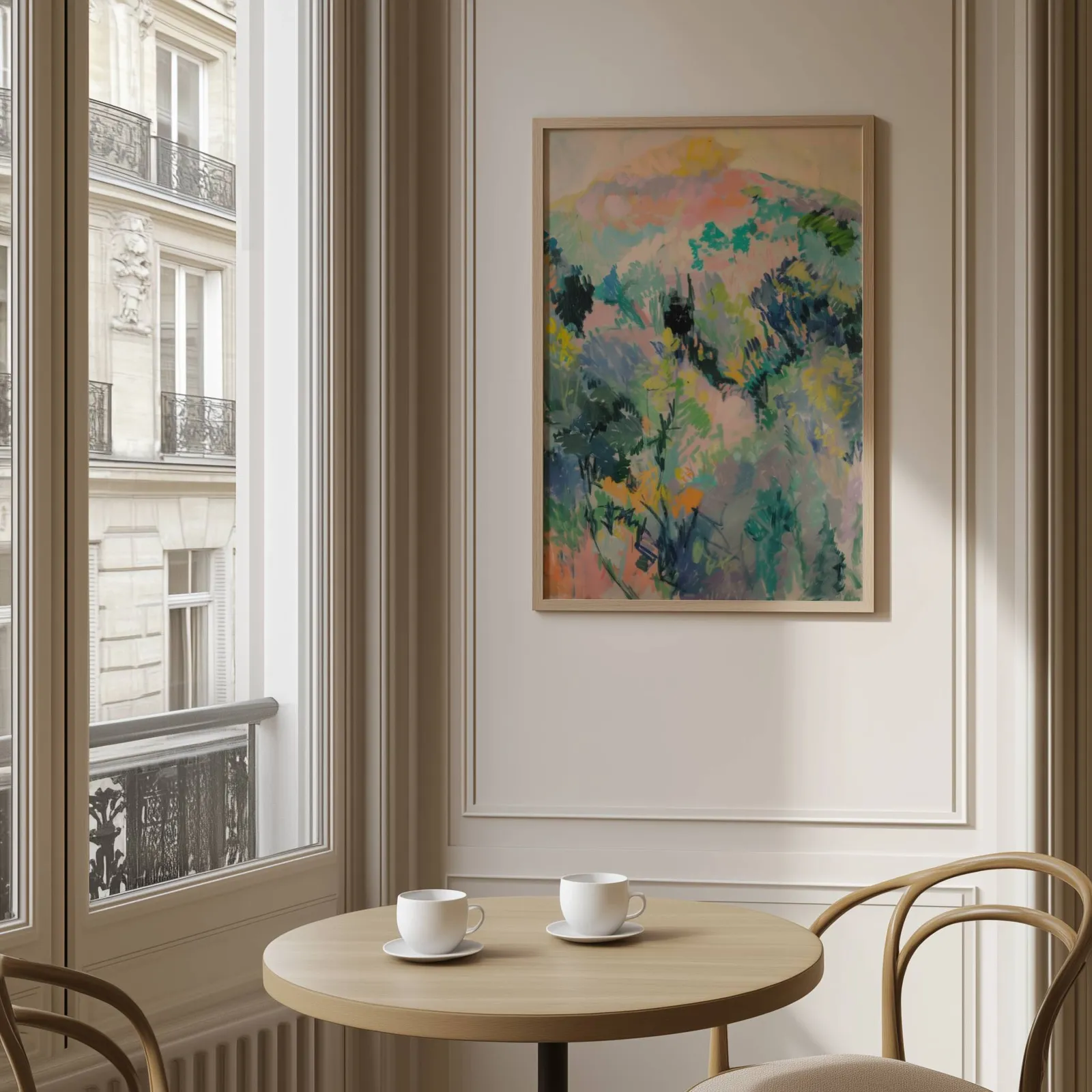 colorful landscape wall art of hillside foliage, above a round café table set with two coffee cups