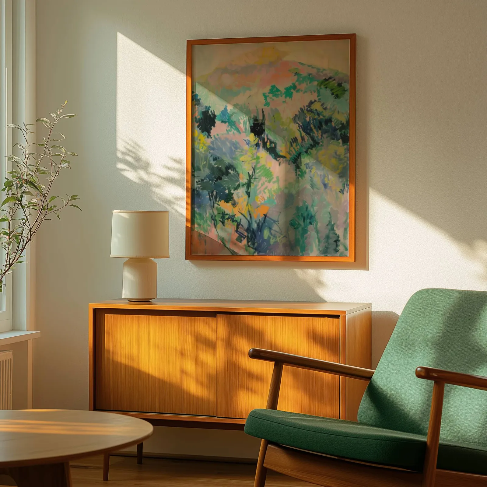 colorful landscape wall art of hillside foliage, above a wooden sideboard with a ceramic lamp and dappled sunlight