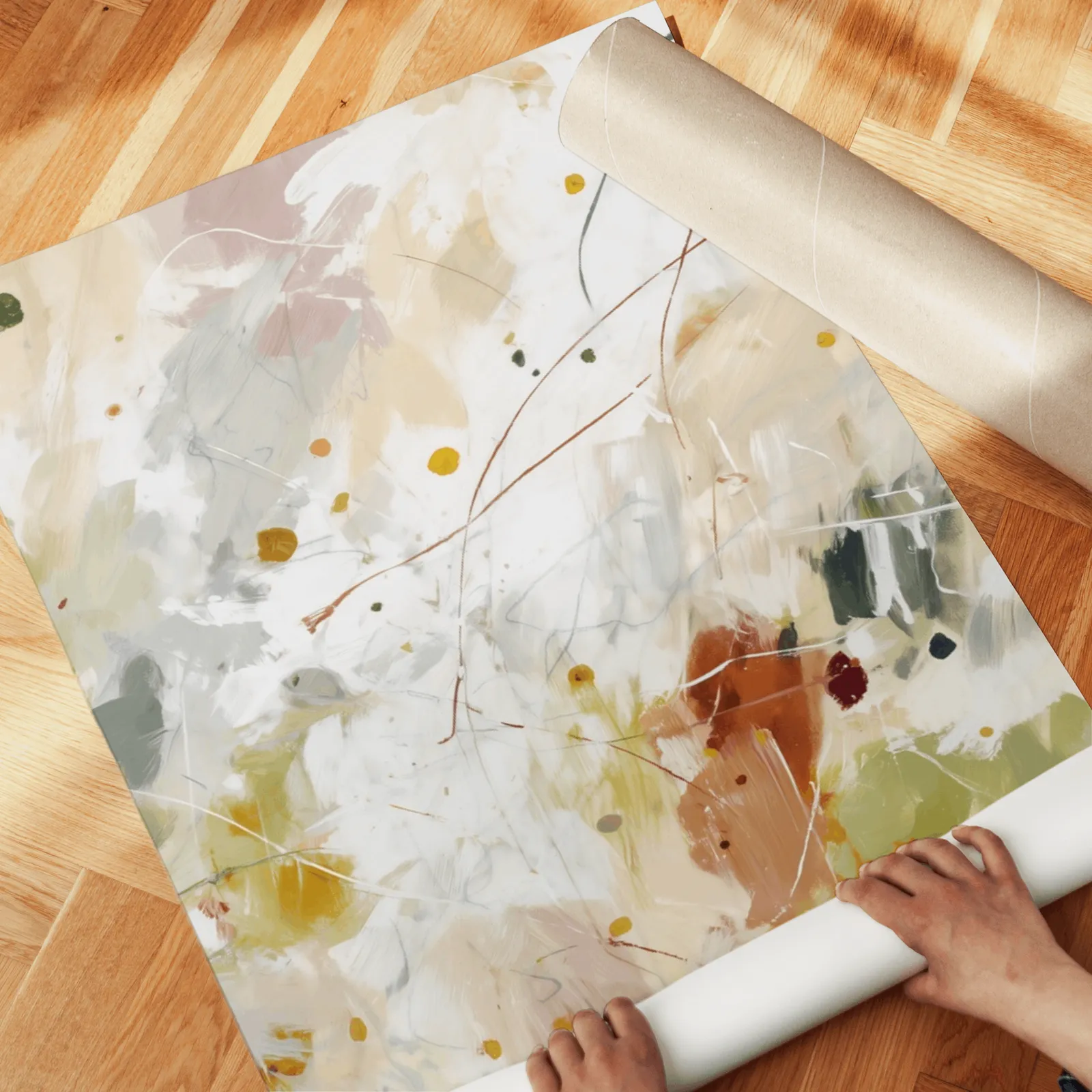 colorful abstract wall art set of two, unrolled across a herringbone parquet floor by hand