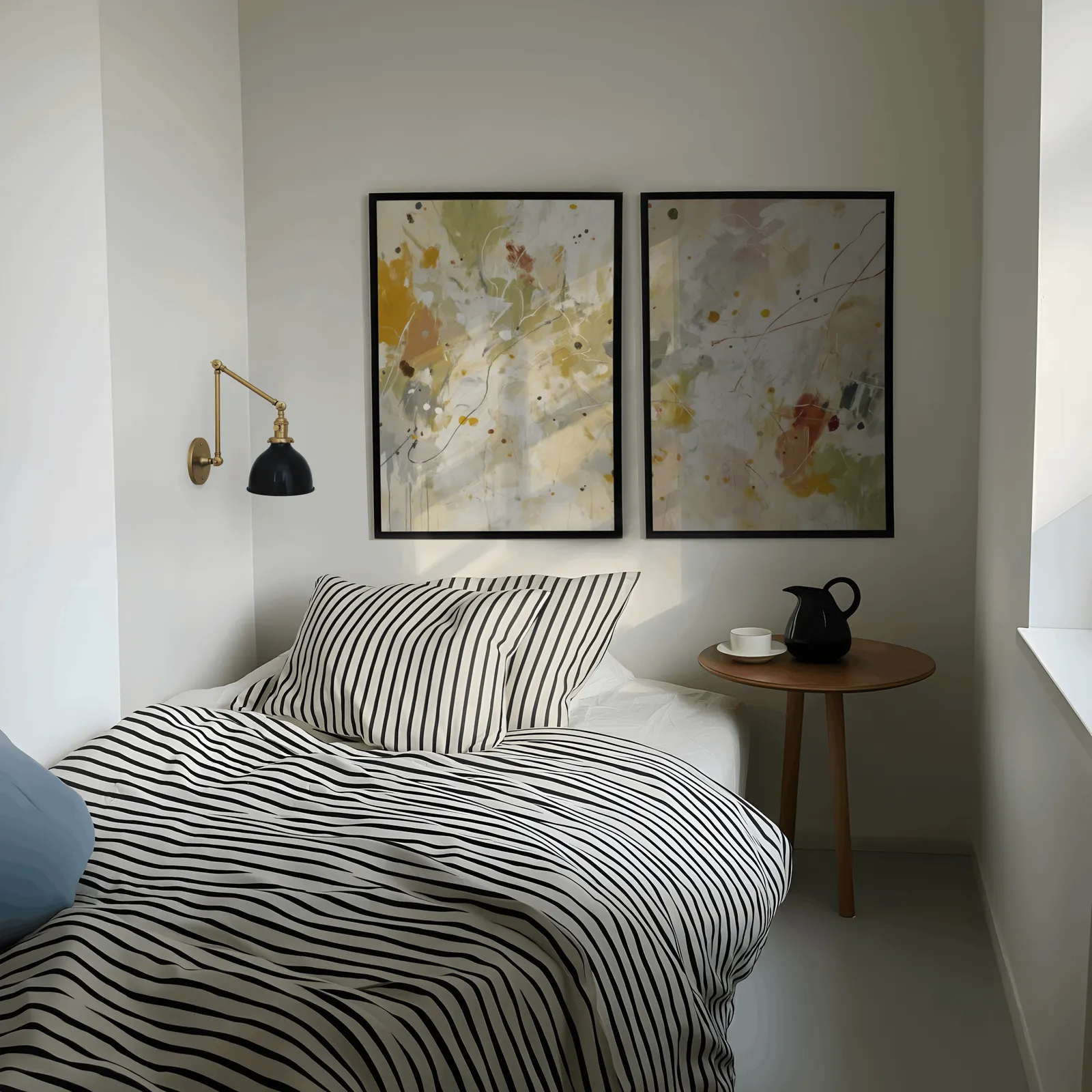 colorful abstract wall art set of two, above a striped bed beside a brass swing-arm lamp