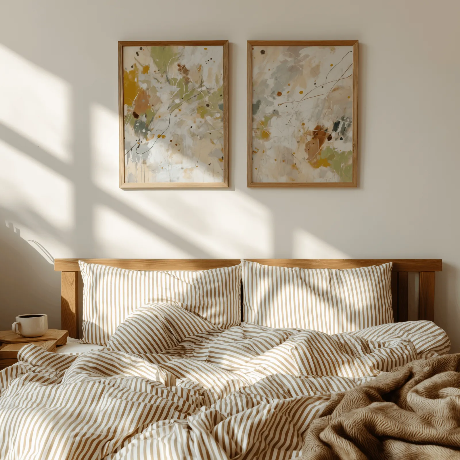 colorful abstract wall art set of two, above a wooden headboard with striped bedding and raking sunlight