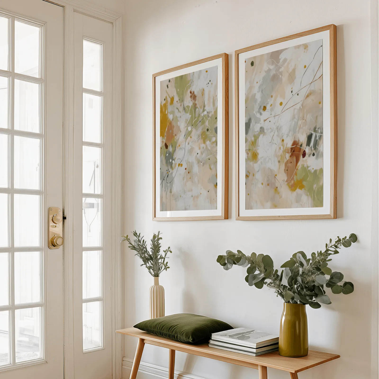 colorful abstract wall art set of two, above a wooden bench with eucalyptus stems and a green cushion