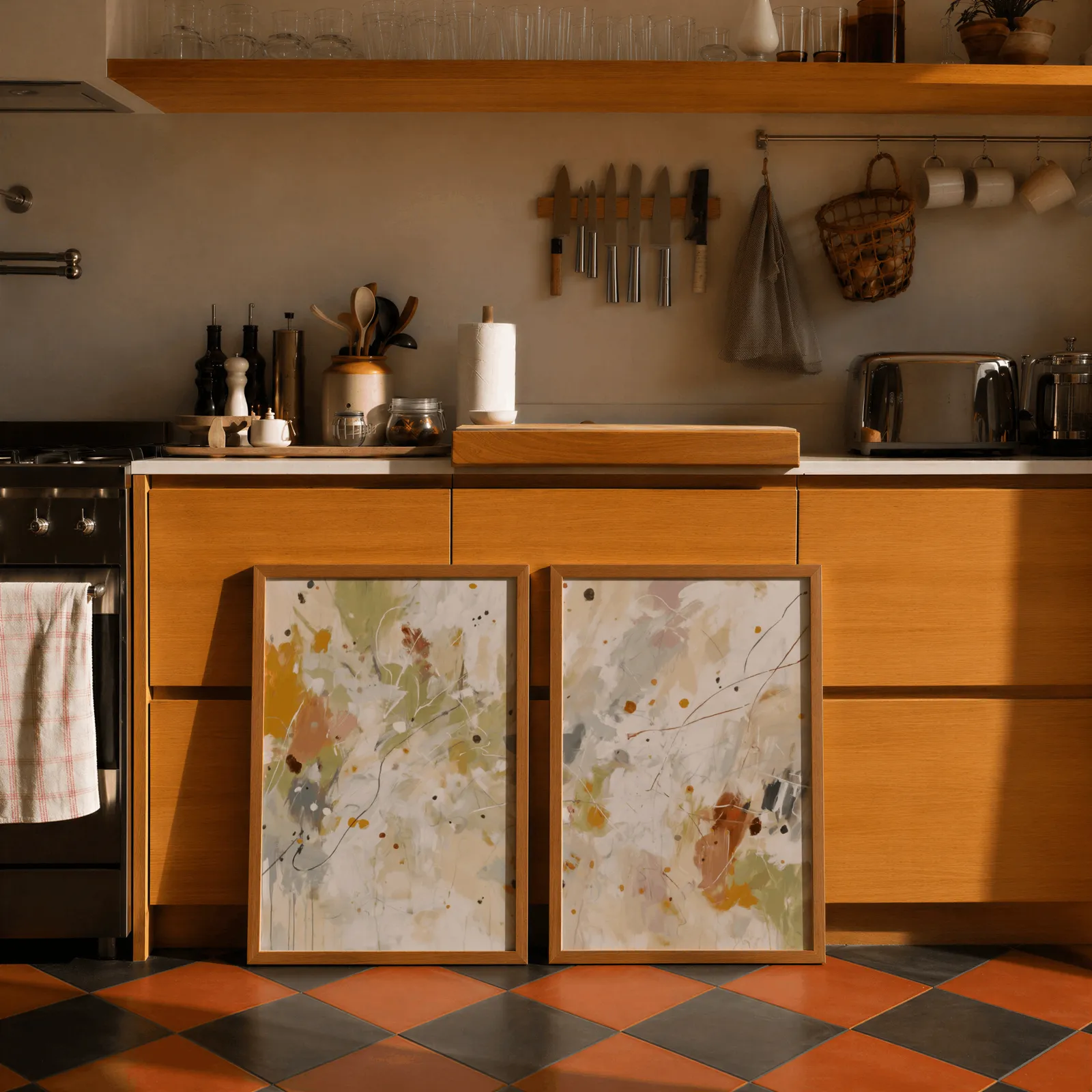 colorful abstract wall art set of two, leaning against wooden cabinets on terracotta tiled floor