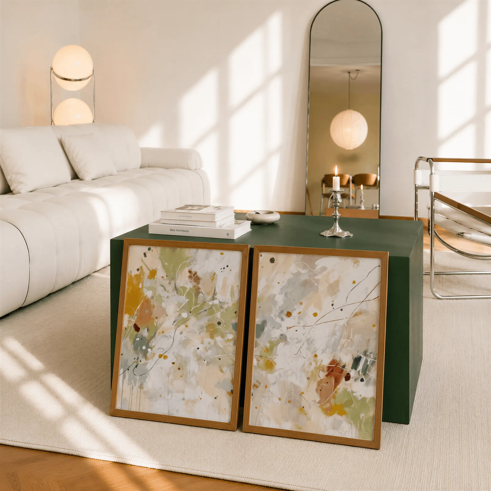 colorful abstract wall art set of two, leaning against a dark green cube table beside an arched mirror