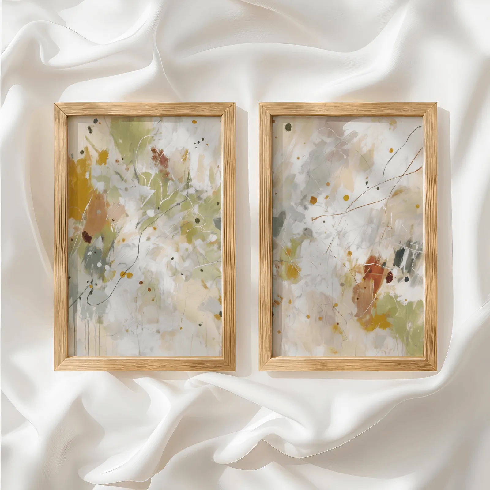 colorful abstract wall art set of two, side by side atop rumpled white silky fabric
