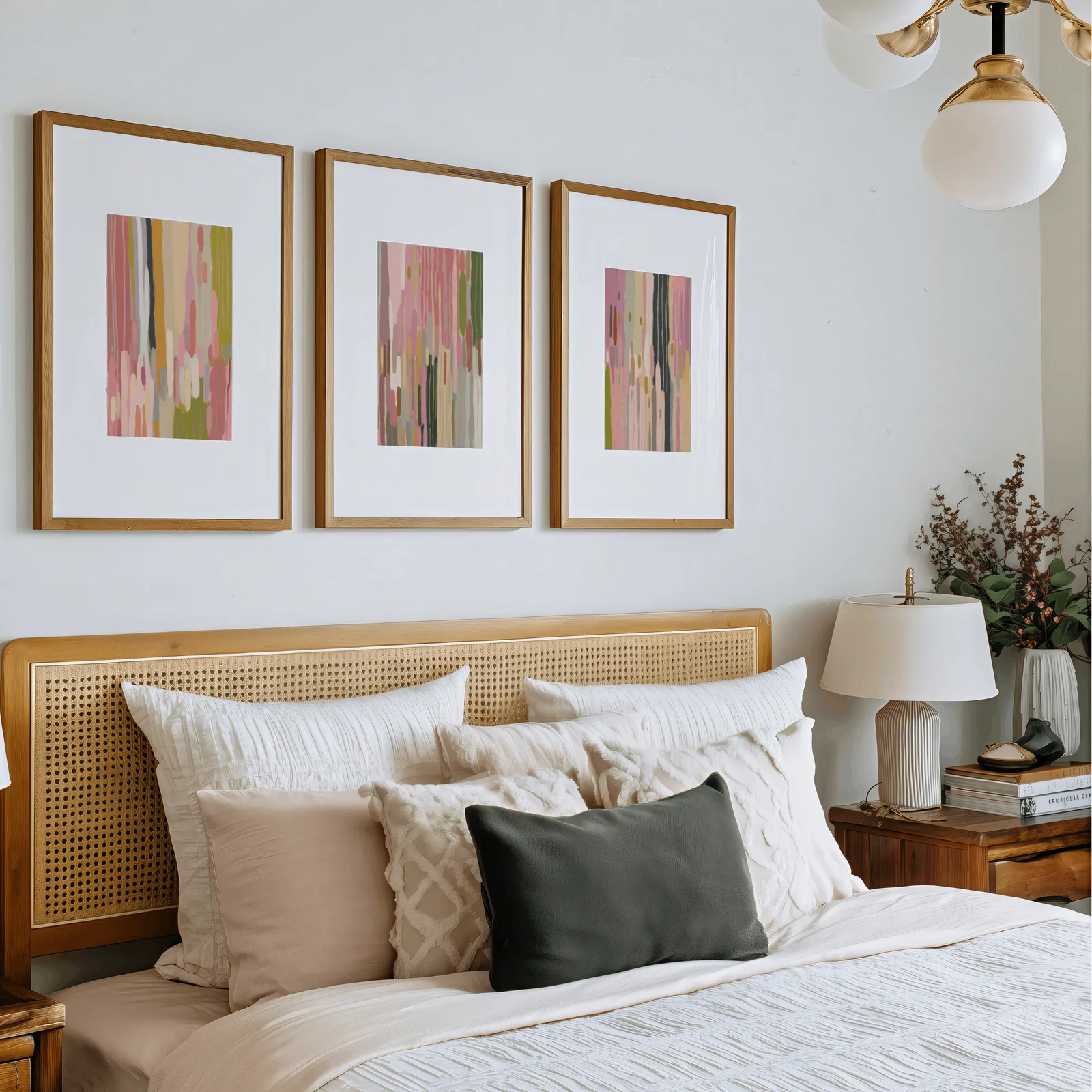 colorful abstract wall art set of 3, above a rattan headboard piled with pillows
